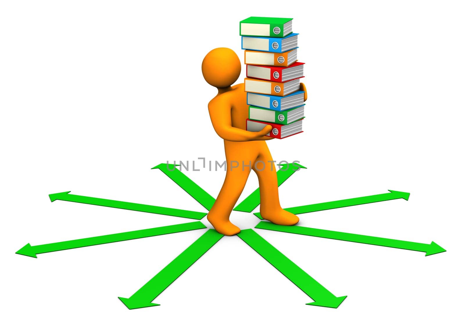 Orange cartoon character distributes folders on the white background with the green arrows.