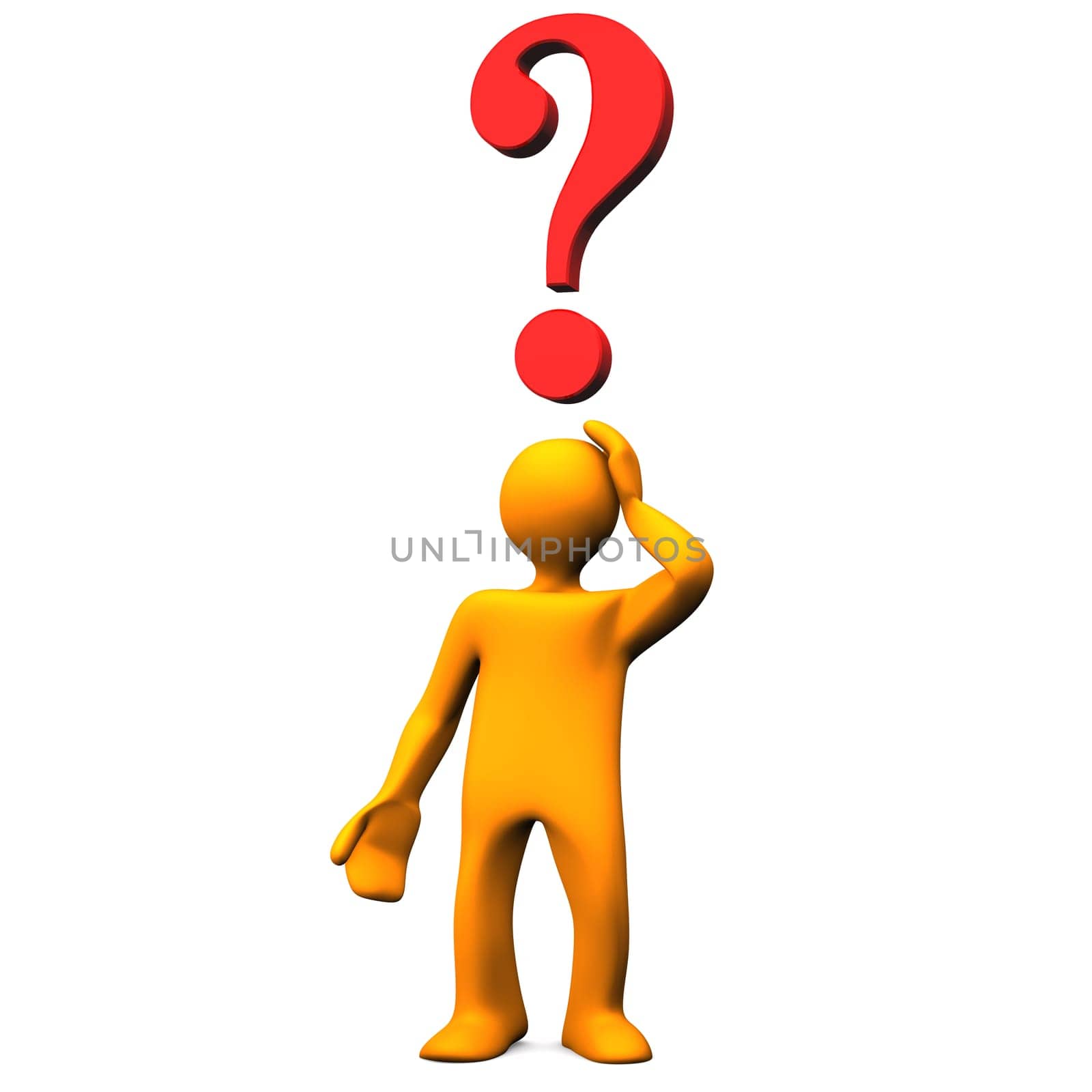 Orange cartoon character with a big red question.