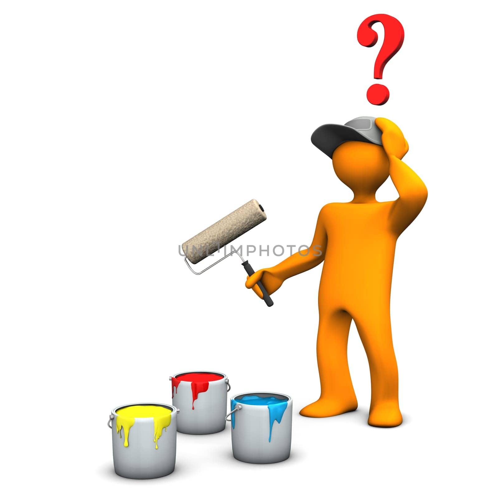 A painter with a roller, red, yellow and blue paints.