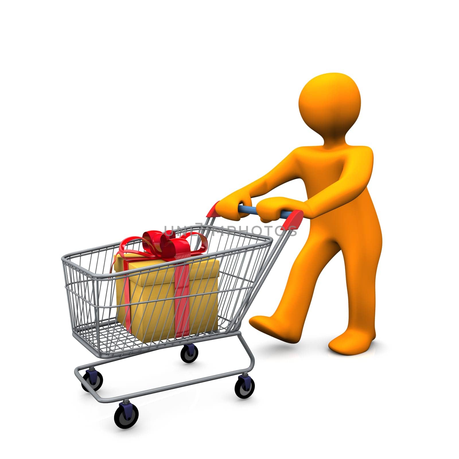 Orange cartoon character with santa cap and carry with gift on the white background.