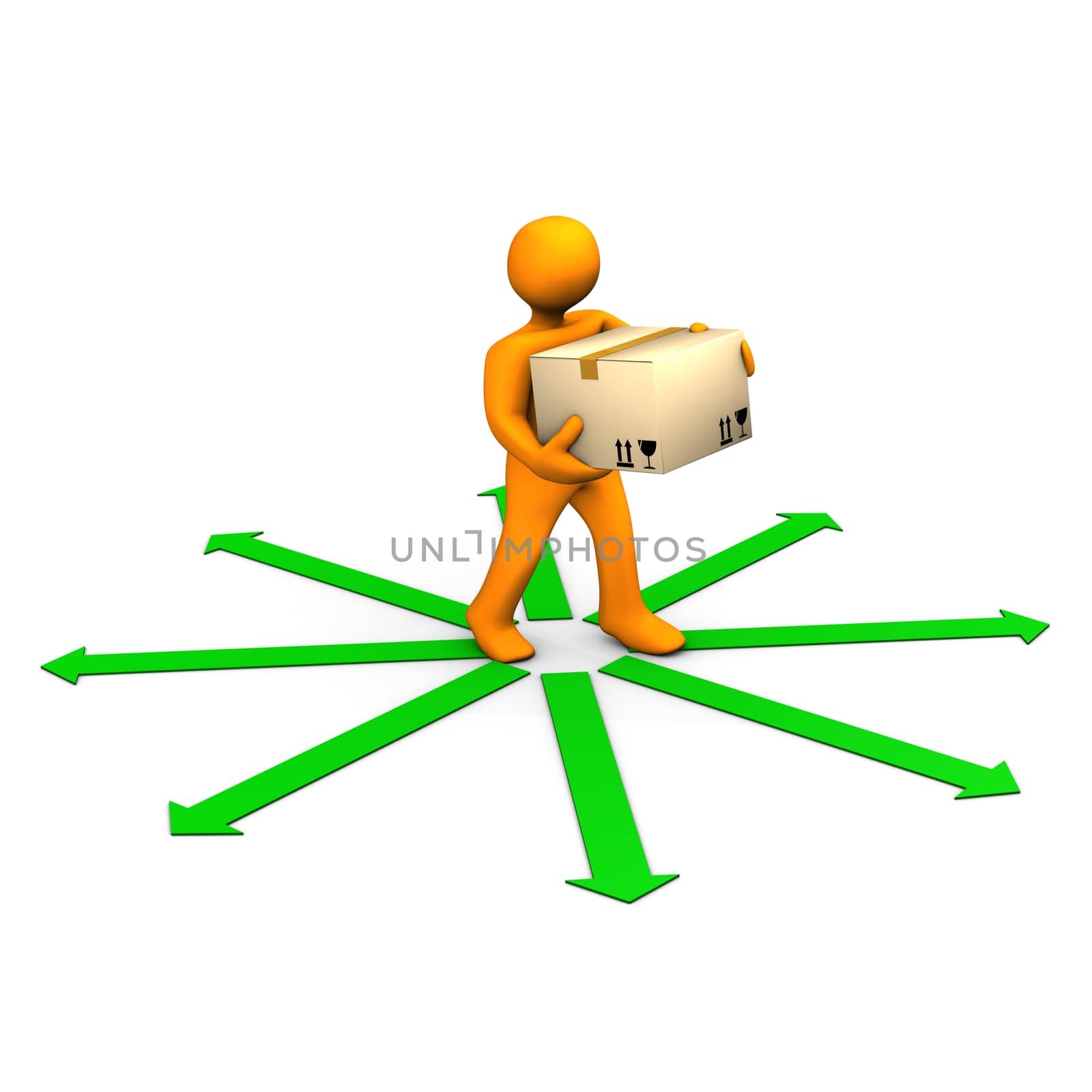 Orange cartoon with a cardboard box and green arrows.