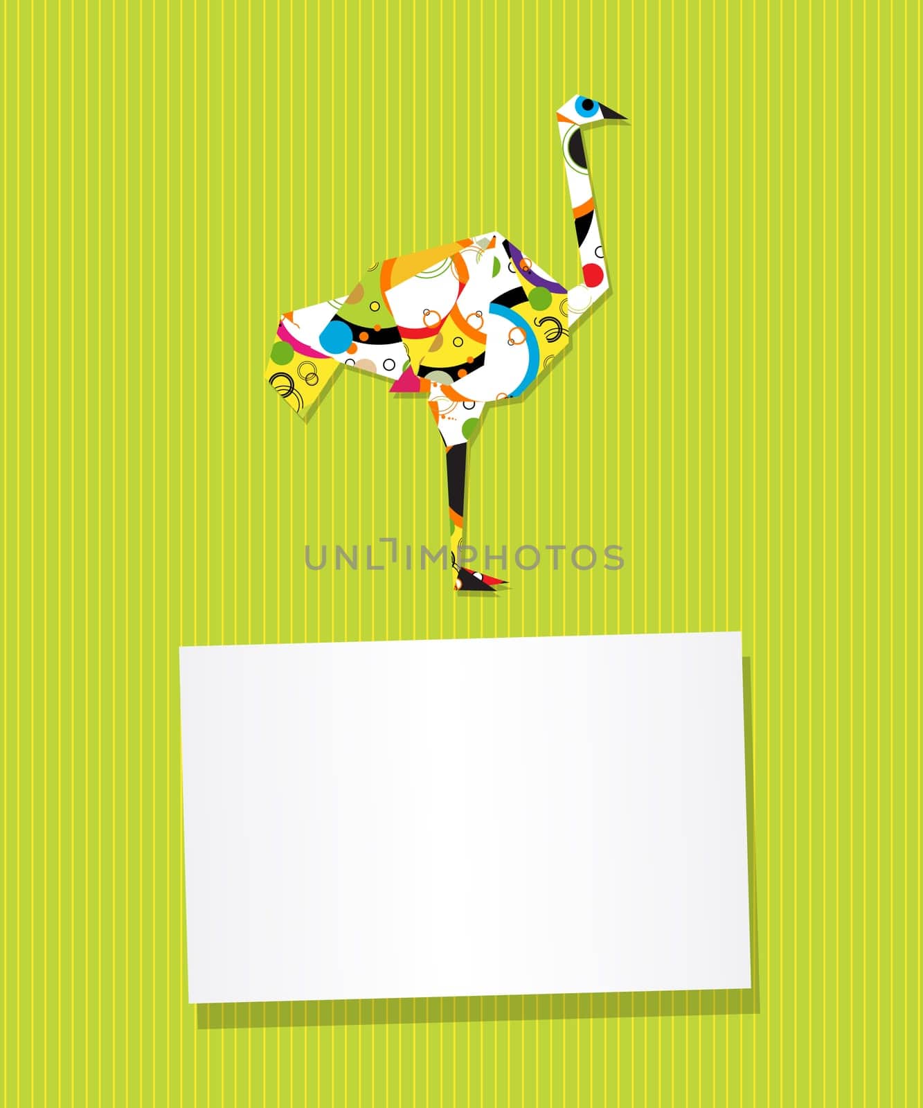 Decorative text card/invitation with collage ostrich made from cirlces