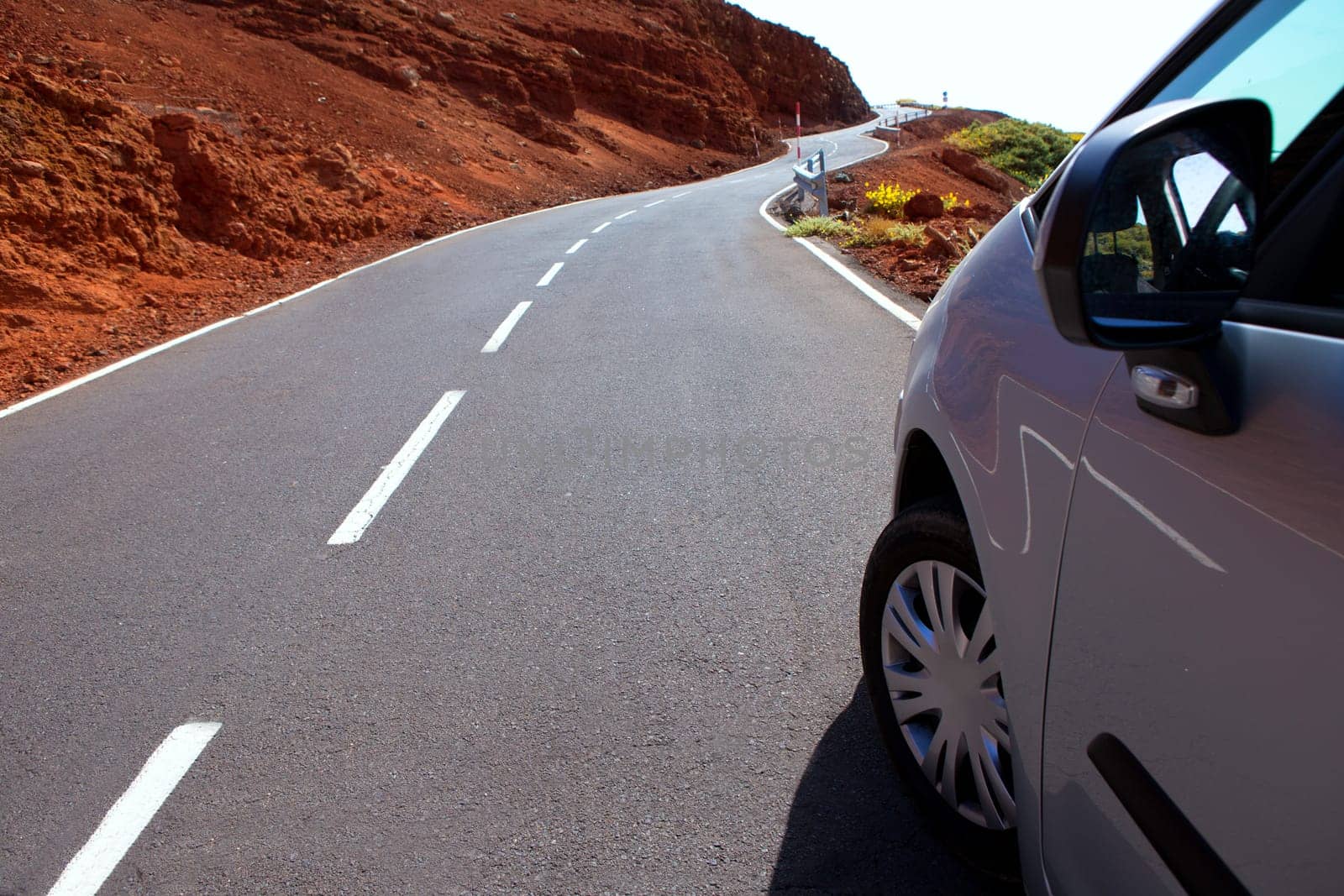 Canary Islands winding road curves and car driving