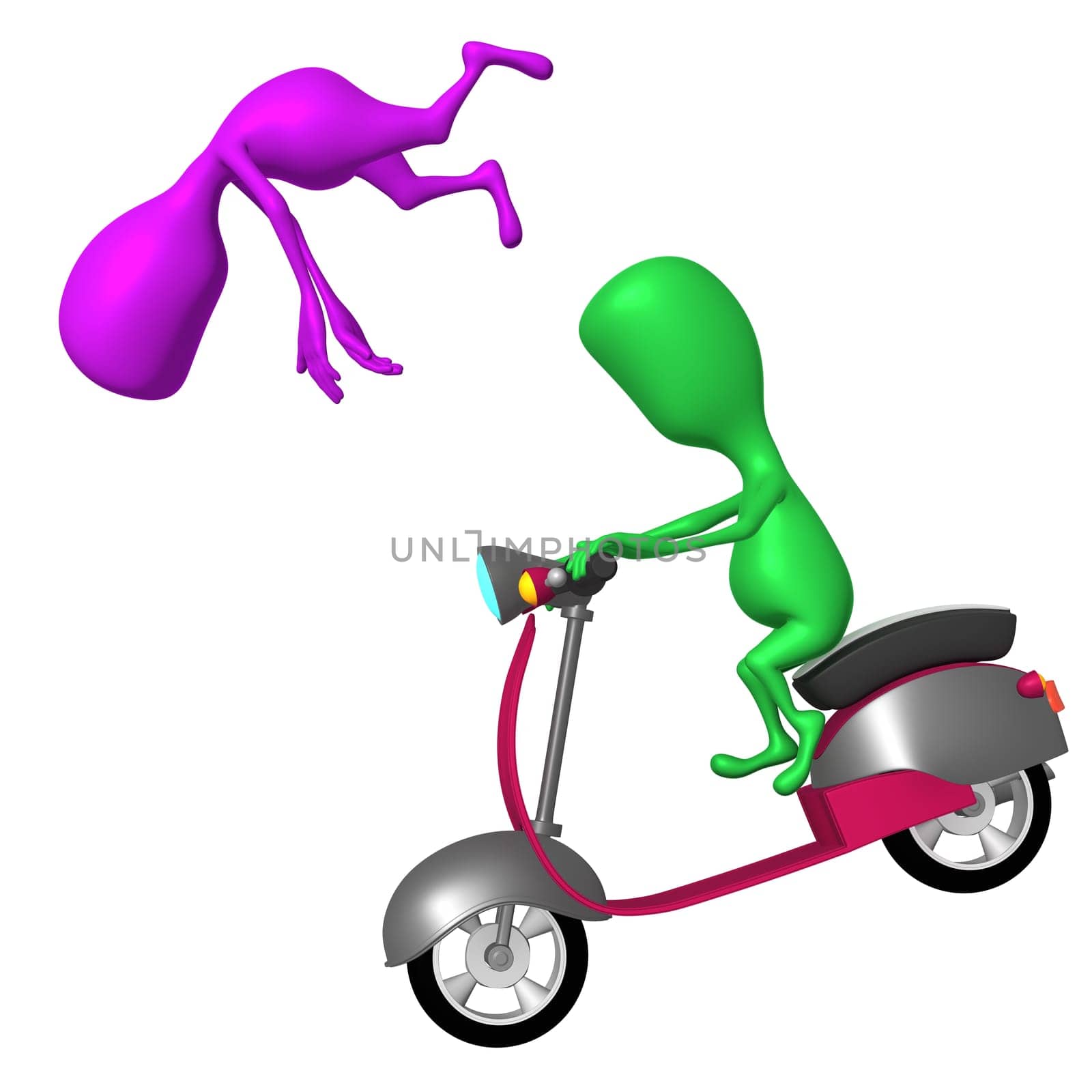 Side view puppy fly over scooter on braking