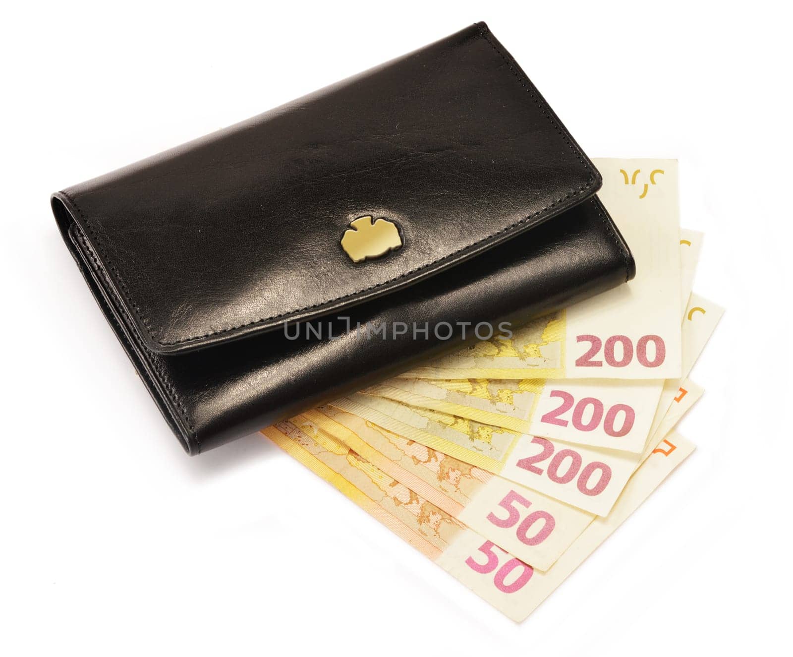 Composition with black wallet and Euro banknotes isolated on white