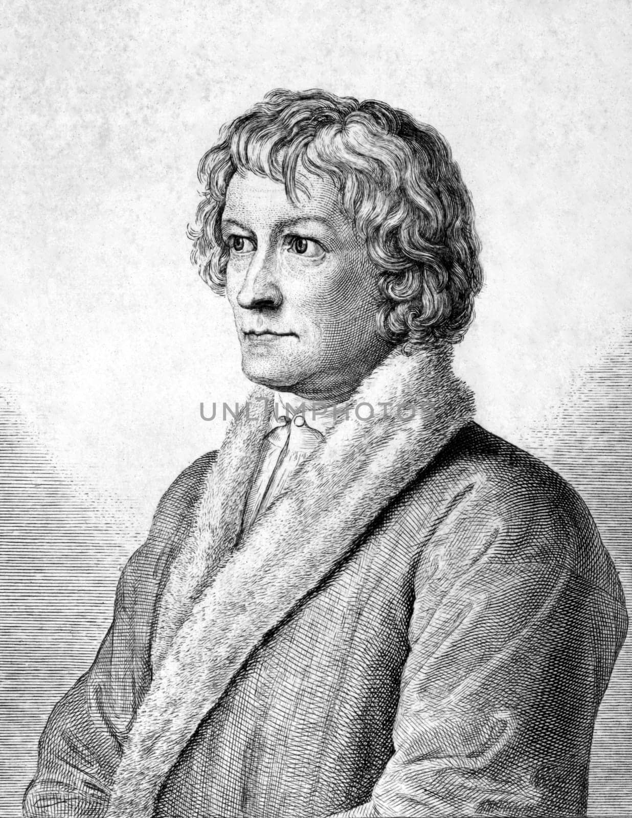 Bertel Thorvaldsen (1770-1844) on engraving from 1859.  Danish-Icelandic sculptor. Engraved by unknown artist and published in Meyers Konversations-Lexikon, Germany,1859.