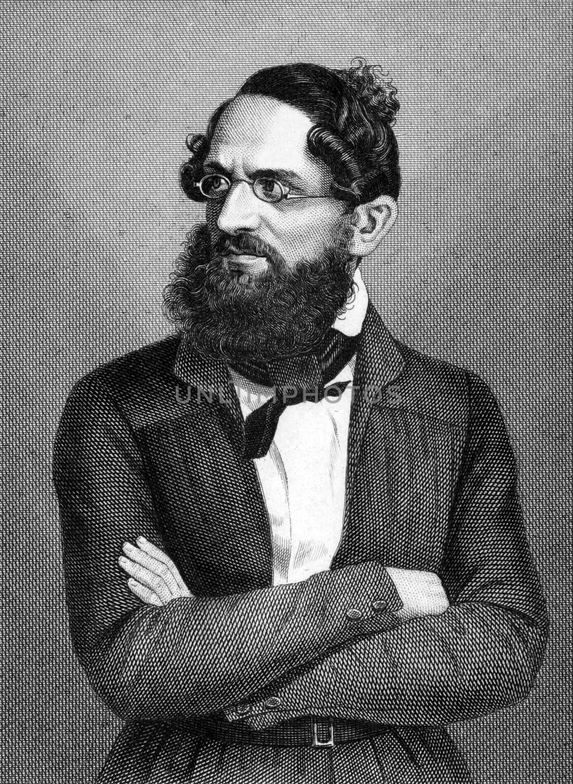August Heinrich Simon (1805-1860) on engraving from 1859. German democratic politician. Engraved by unknown artist and published in Meyers Konversations-Lexikon, Germany,1859.