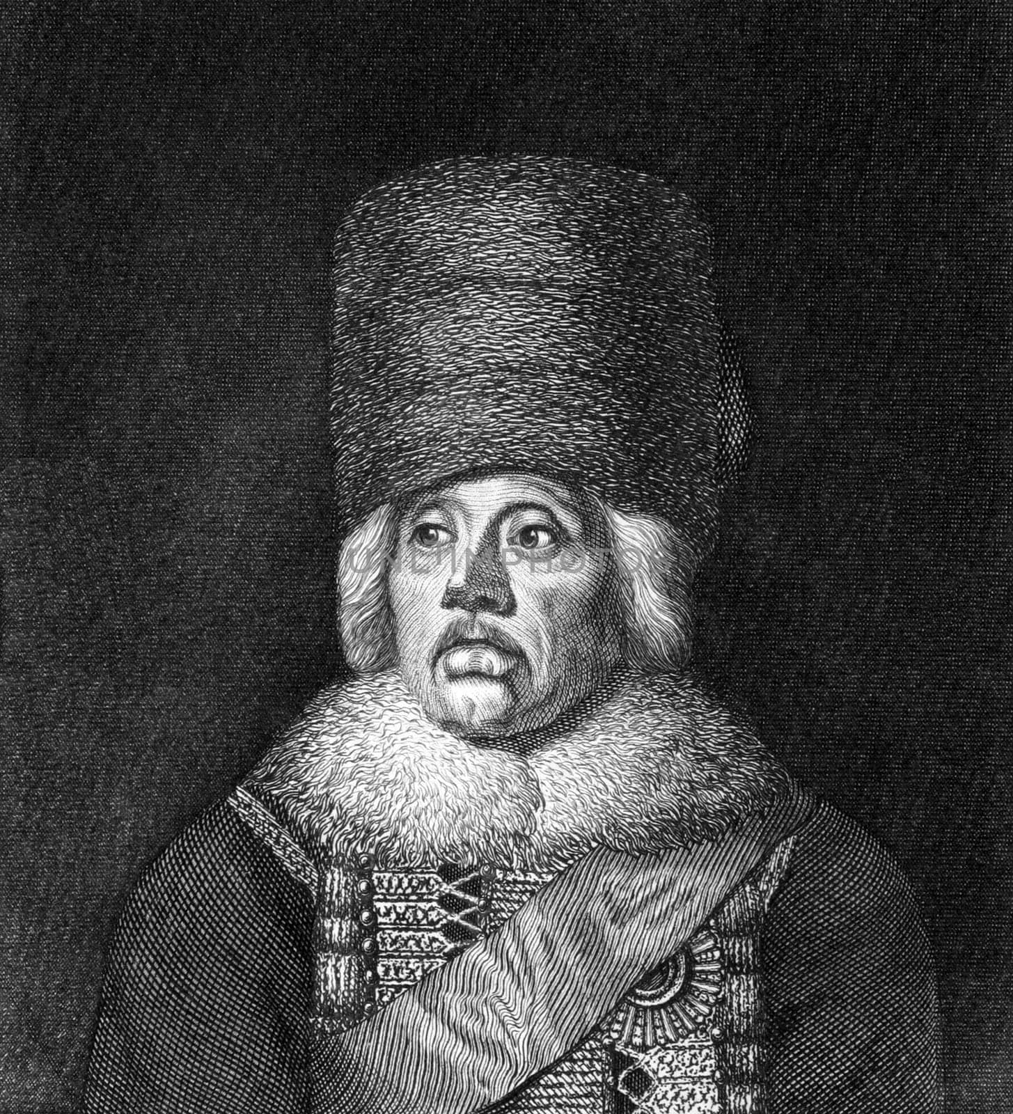 Hans Joachim von Zieten (1699-1786) on engraving from 1859.  Cavalry general in the Prussian Army. Engraved by unknown artist and published in Meyers Konversations-Lexikon, Germany,1859.