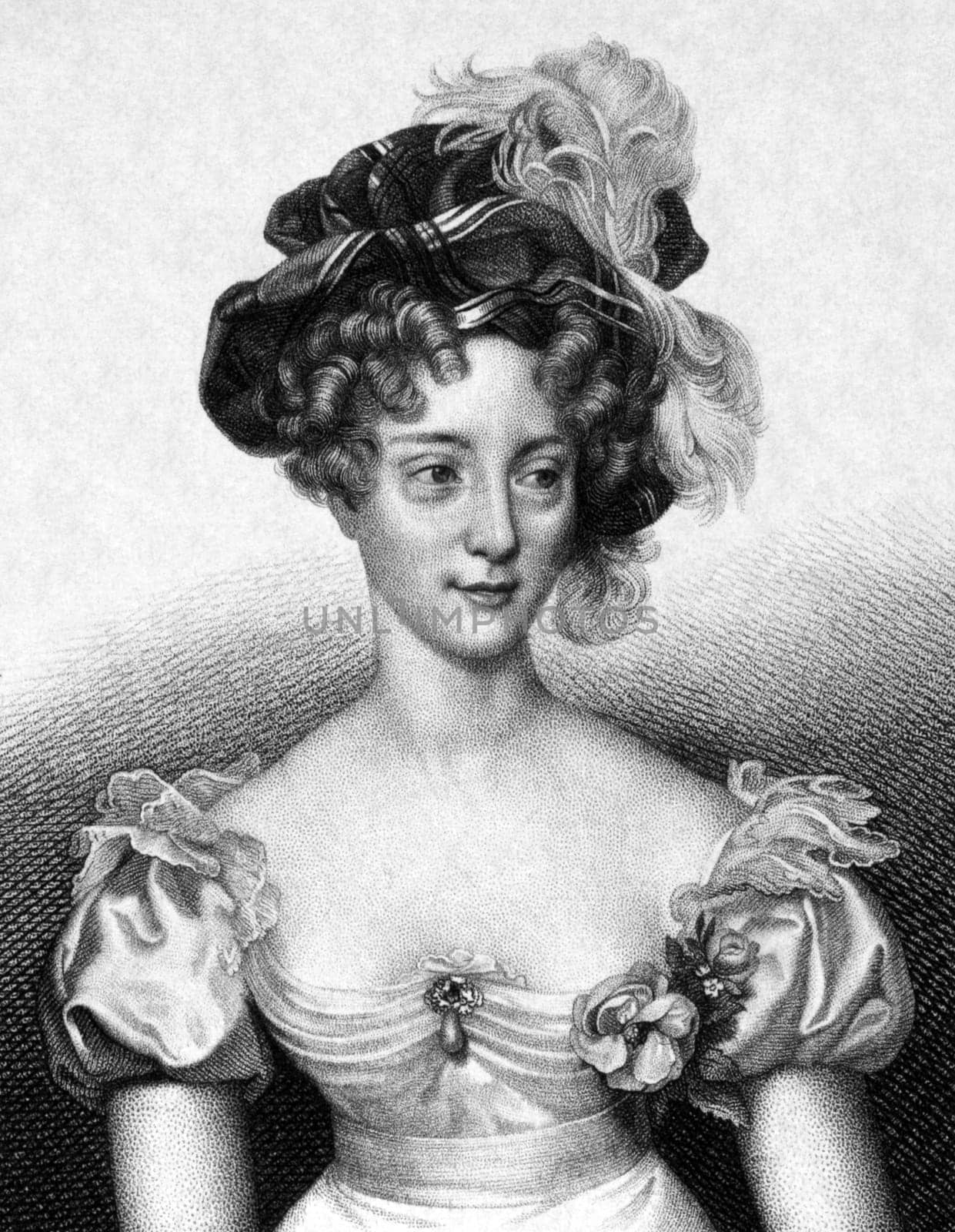 Princess Caroline of Naples and Sicily (1798-1870) on engraving from 1859. Engraved by Nordheim and published in Meyers Konversations-Lexikon, Germany,1859.