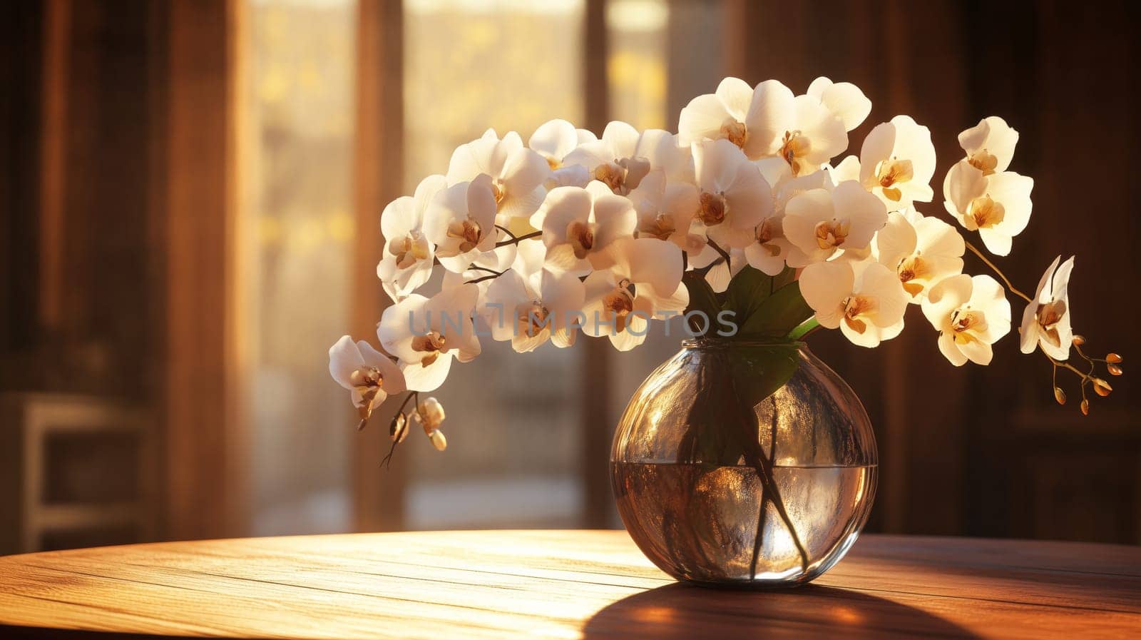 Elegant white orchids in a glass vase. Perfect for interior decor, spa branding, floral design, and spring themes
