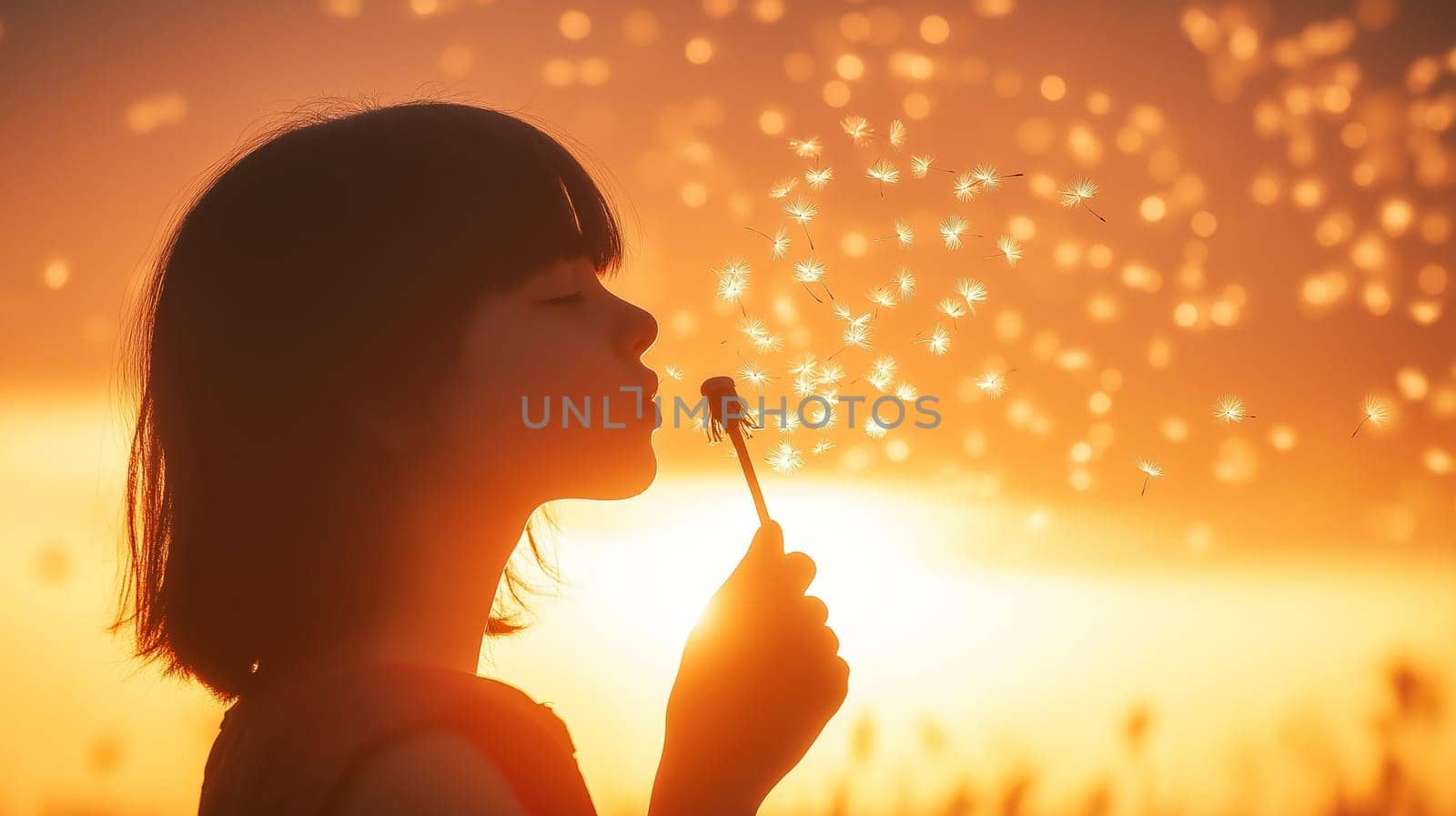 A girl blowing dandelion seeds in a meadow during sunset. Ideal for childhood themes, nature, and springtime memories