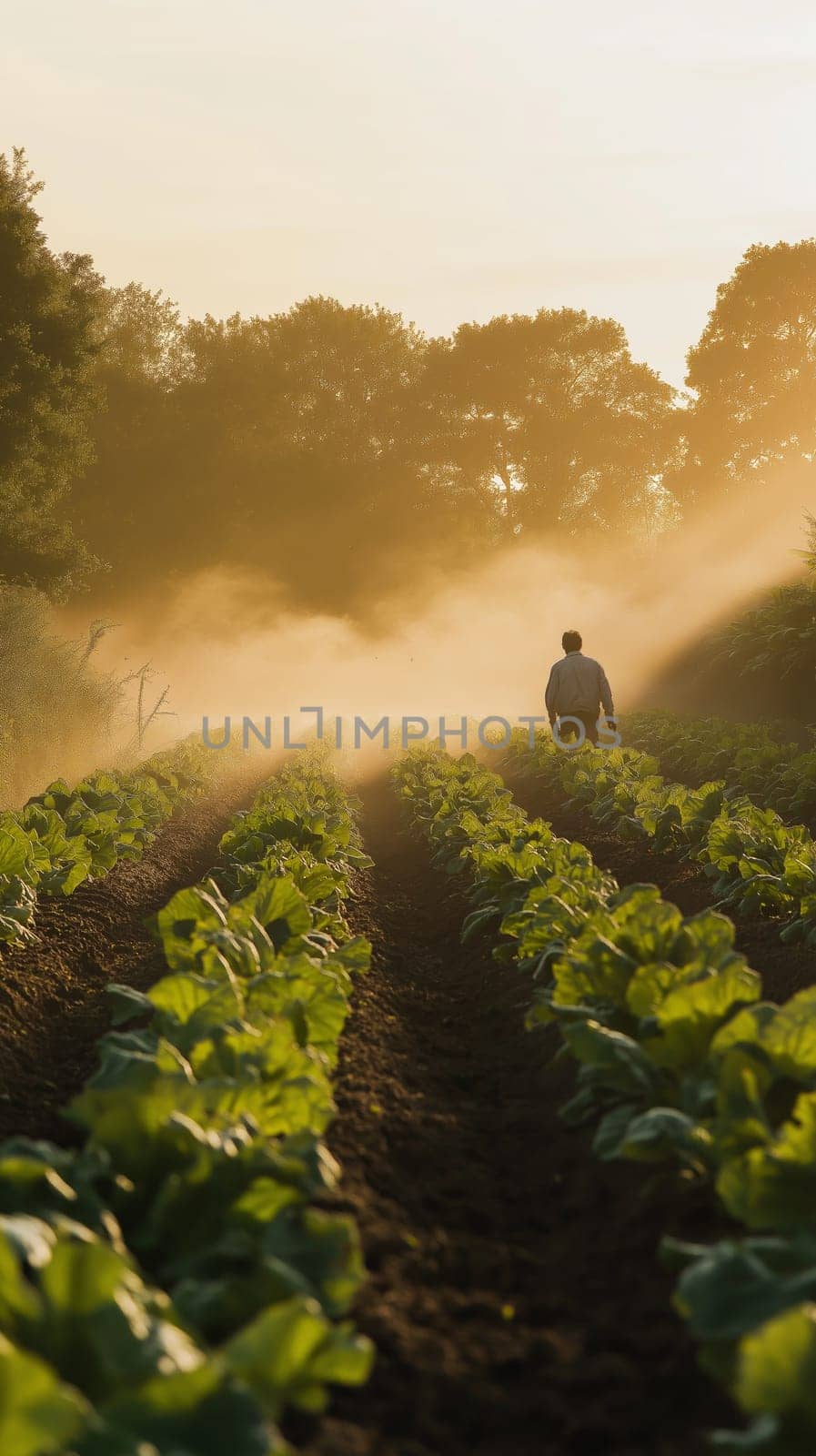 A farmer working on the field at sunrise, capturing rural life and farm culture. Perfect for agricultural visuals and eco-friendly branding