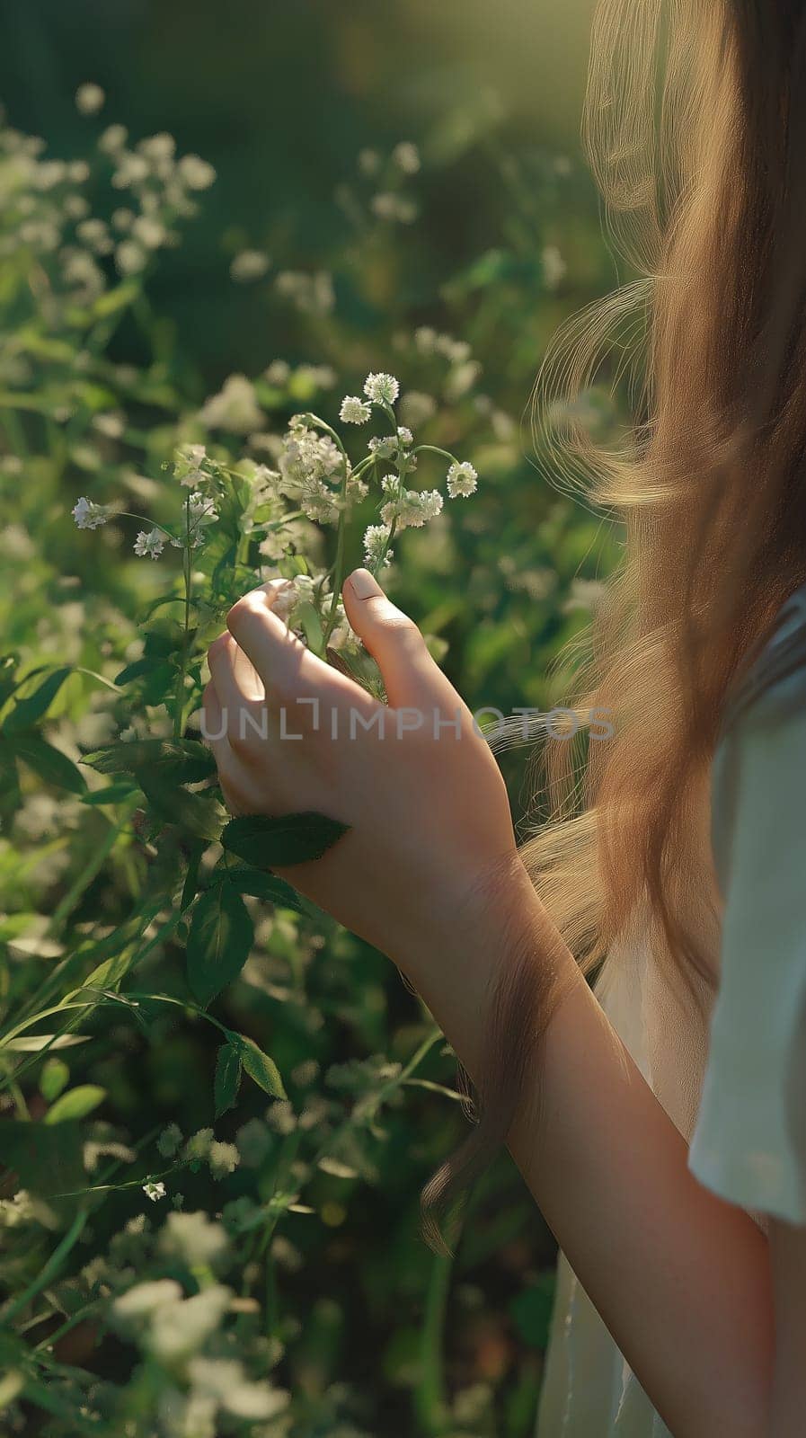 A woman's hand lightly touching a delicate flower, symbolizing connection with nature and the gentle beauty of life. Perfect for holistic health, beauty, and relaxation concepts