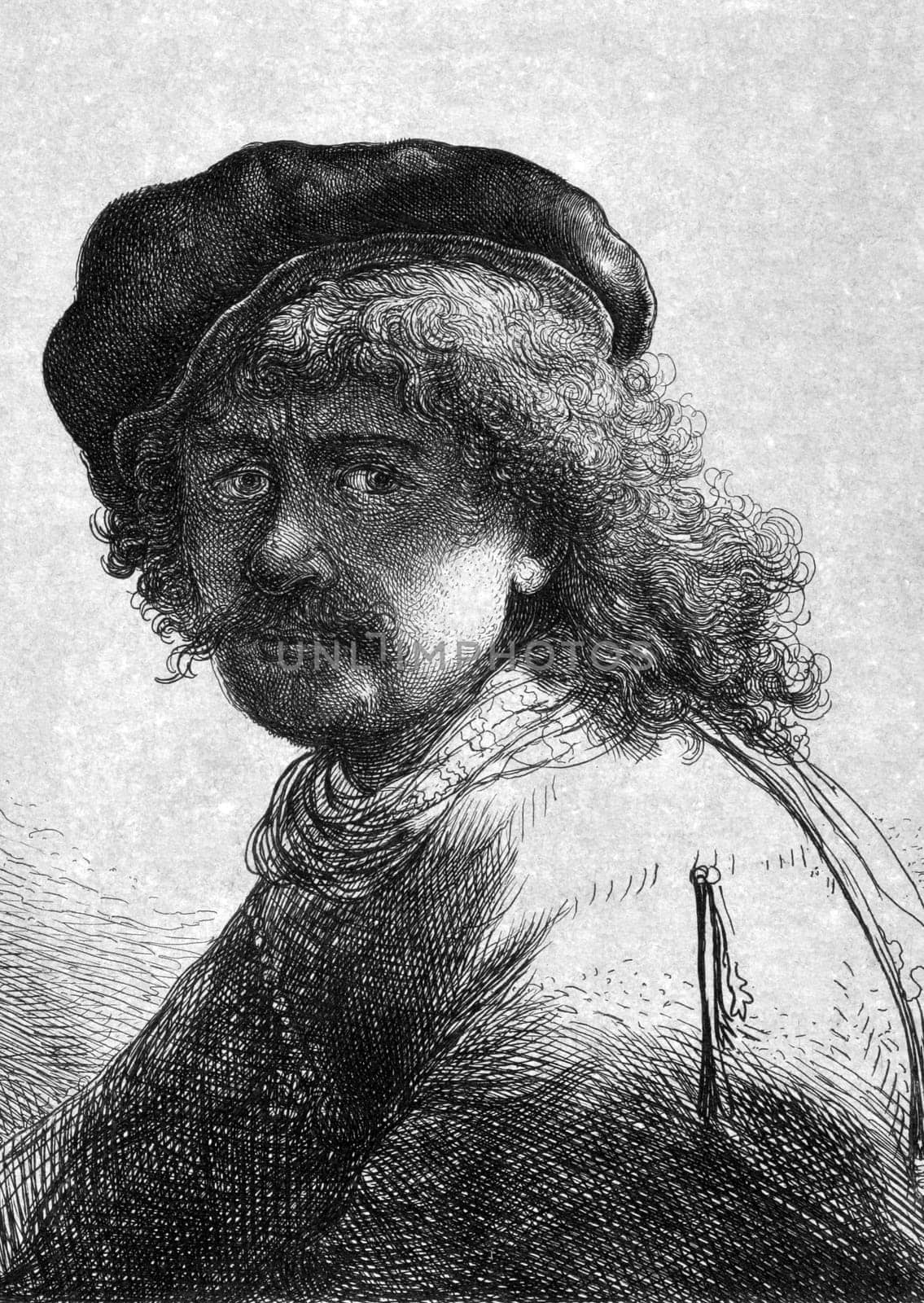Rembrandt (1606-1669) on engraving from 1859. Dutch painter and etcher. Engraved by unknown artist and published in Meyers Konversations-Lexikon, Germany,1859.