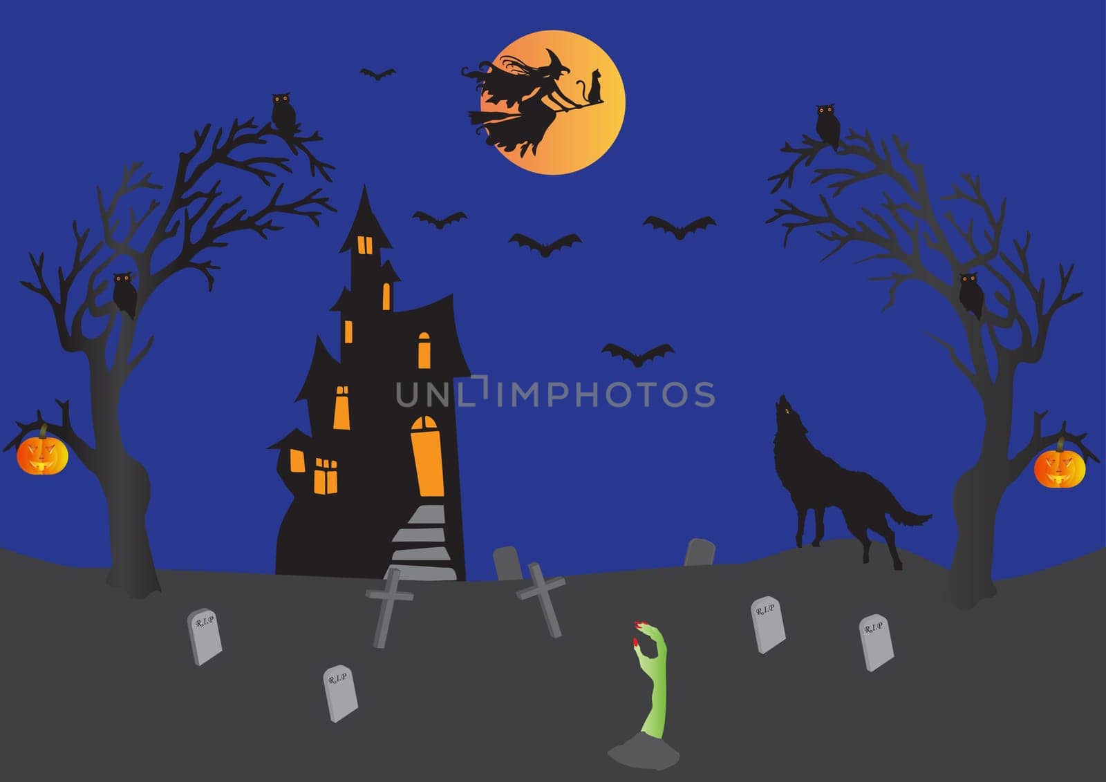 Halloween with Haunted House,Witch on Broomstick with cat,bats,wolf howling,pumpkins,graveyard,ghostly hand