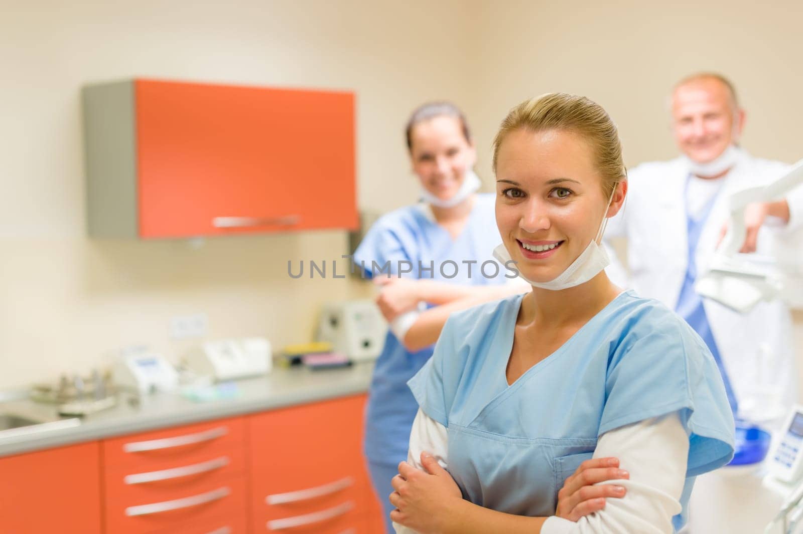 Portrait of young nurse dental team in stomatology clinic