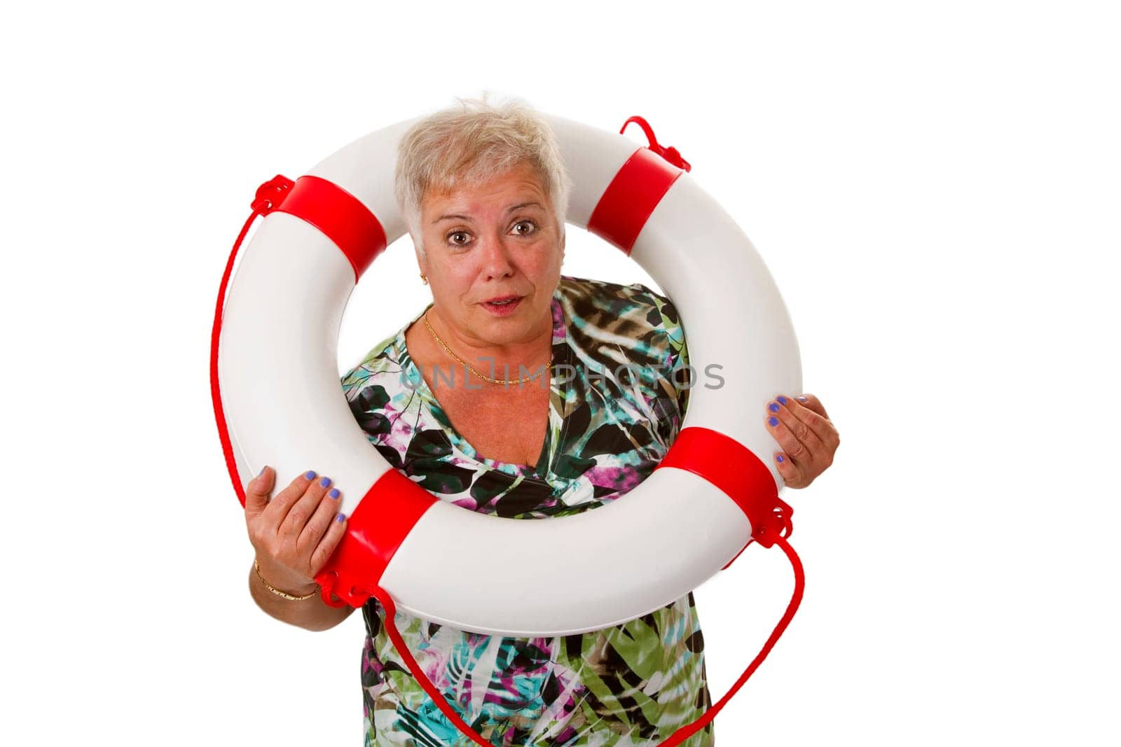 Senior woman with lifebuoy - isolated on white background