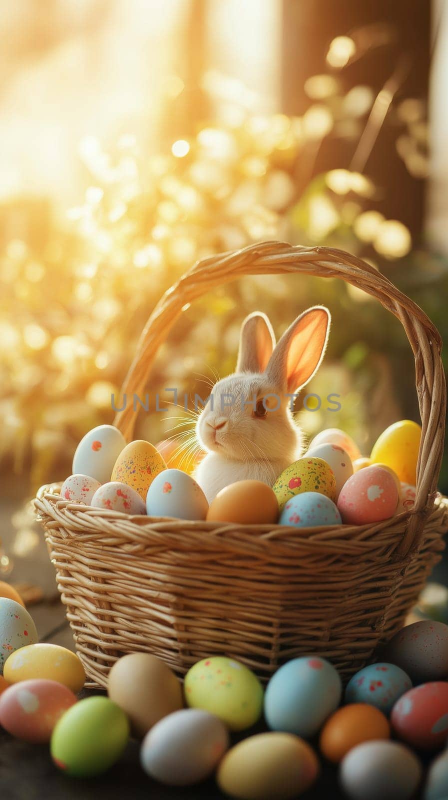 White bunny in a wicker basket with colorful Easter eggs