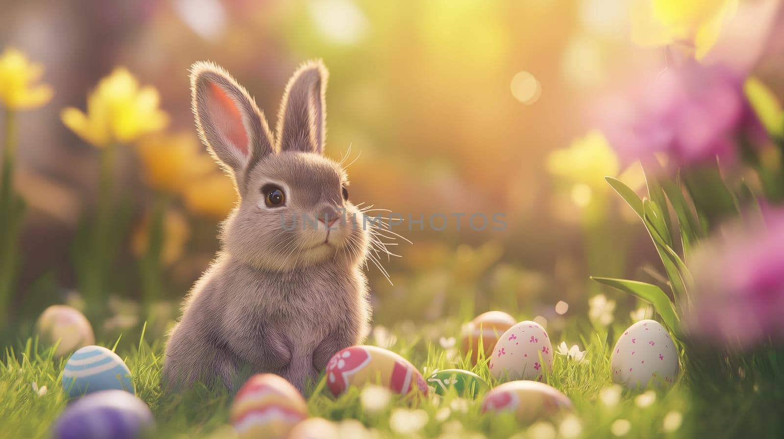 Adorable bunny sitting among Easter eggs in a spring meadow