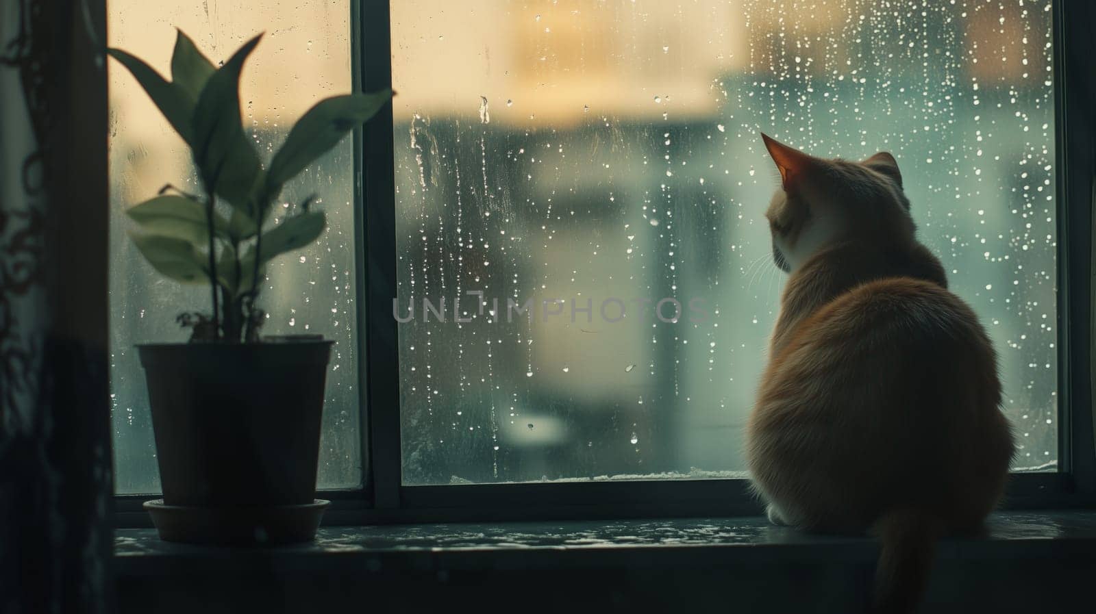 A cat looking out the window on a rainy day, reflecting a quiet, cozy moment. Ideal for themes of solitude and comfort