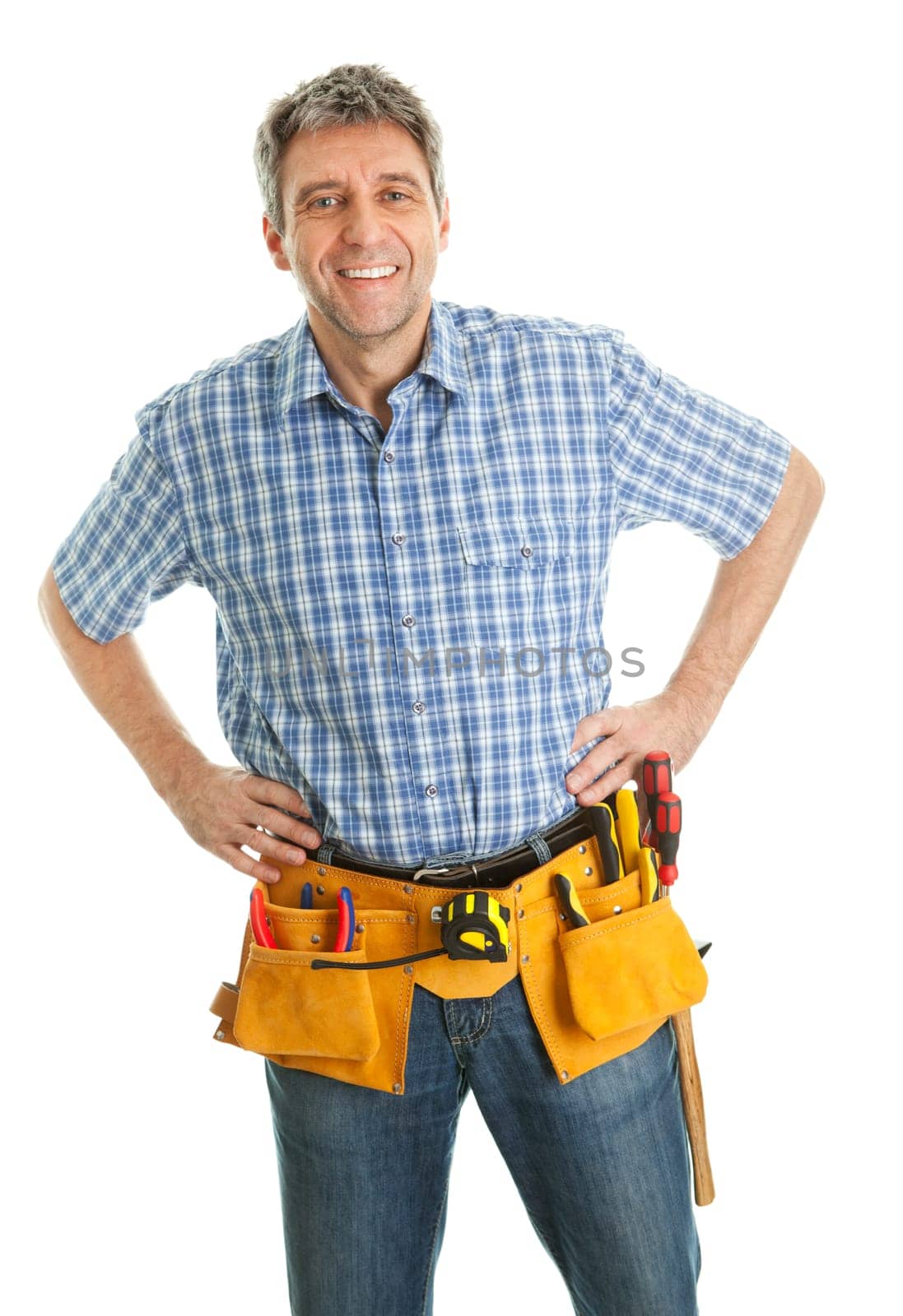 Confident worker wearing toolbelt. Isolated on white