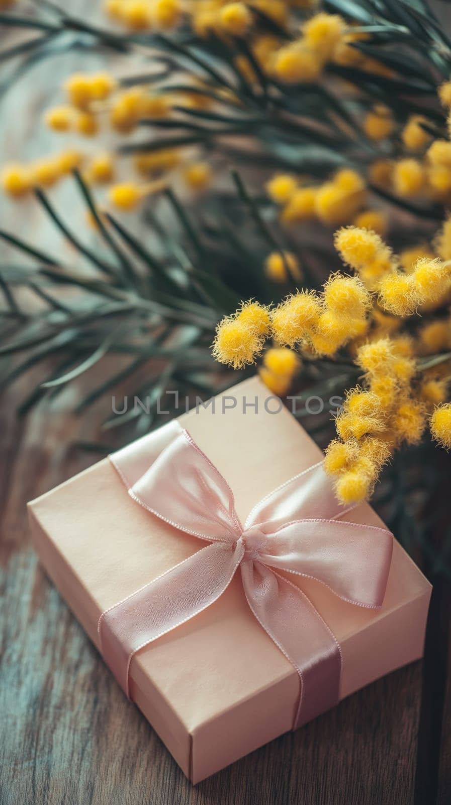Gift box with pink ribbon and mimosa flowers on wooden surface.