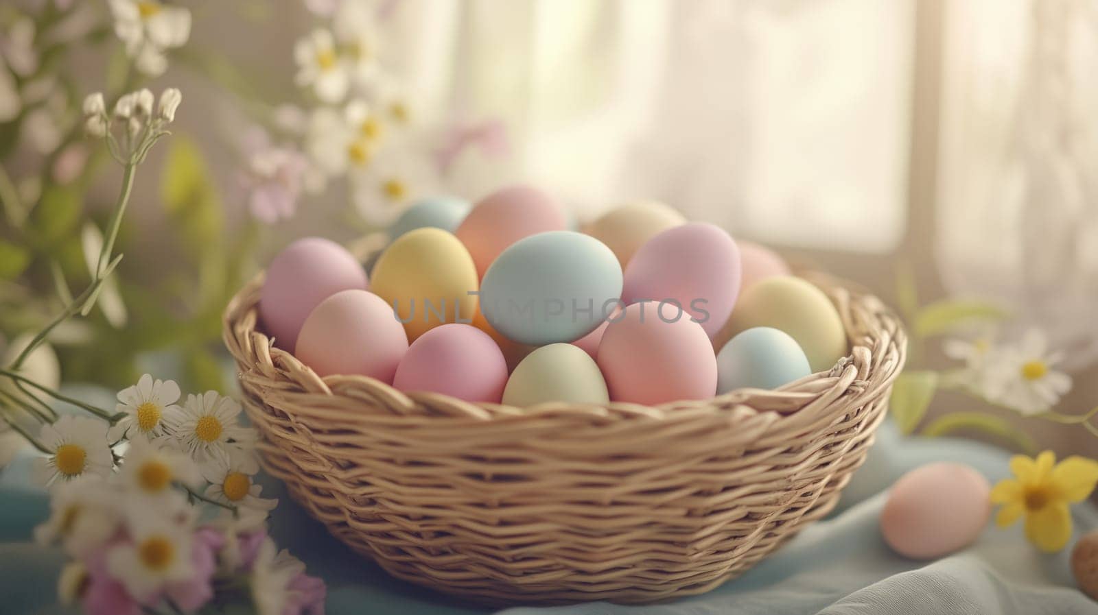 Pastel Easter eggs in wicker baskets with spring flowers.