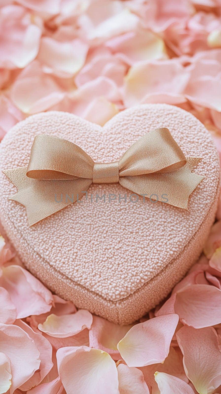 Elegant heart-shaped gift box with gold ribbon on rose petals