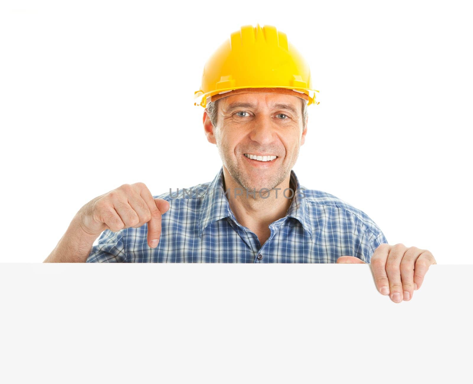 Confident worker presenting empty board. Isolated on white