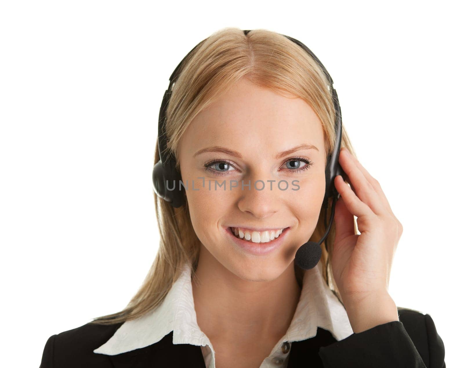 Cheerfull call center operator. Isolated on white
