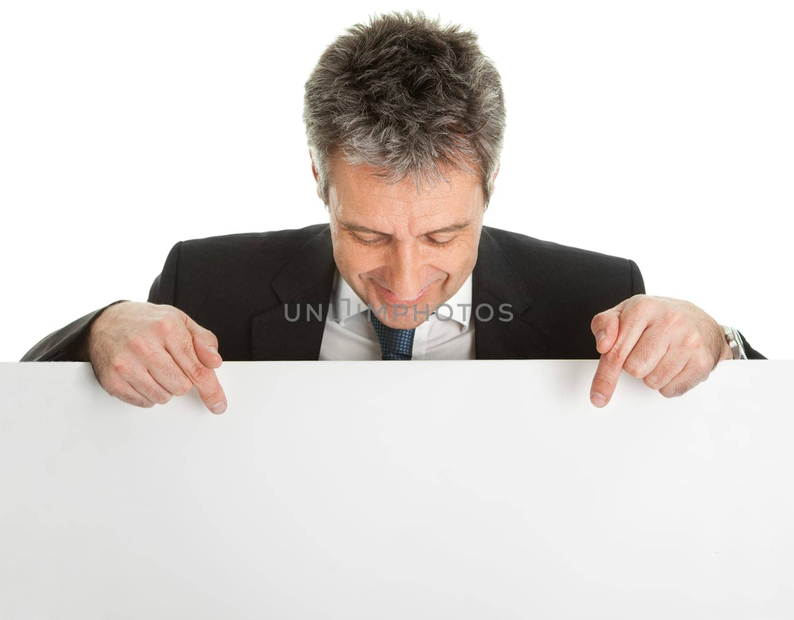 Confident businessmen presenting empty board. Isolated on white
