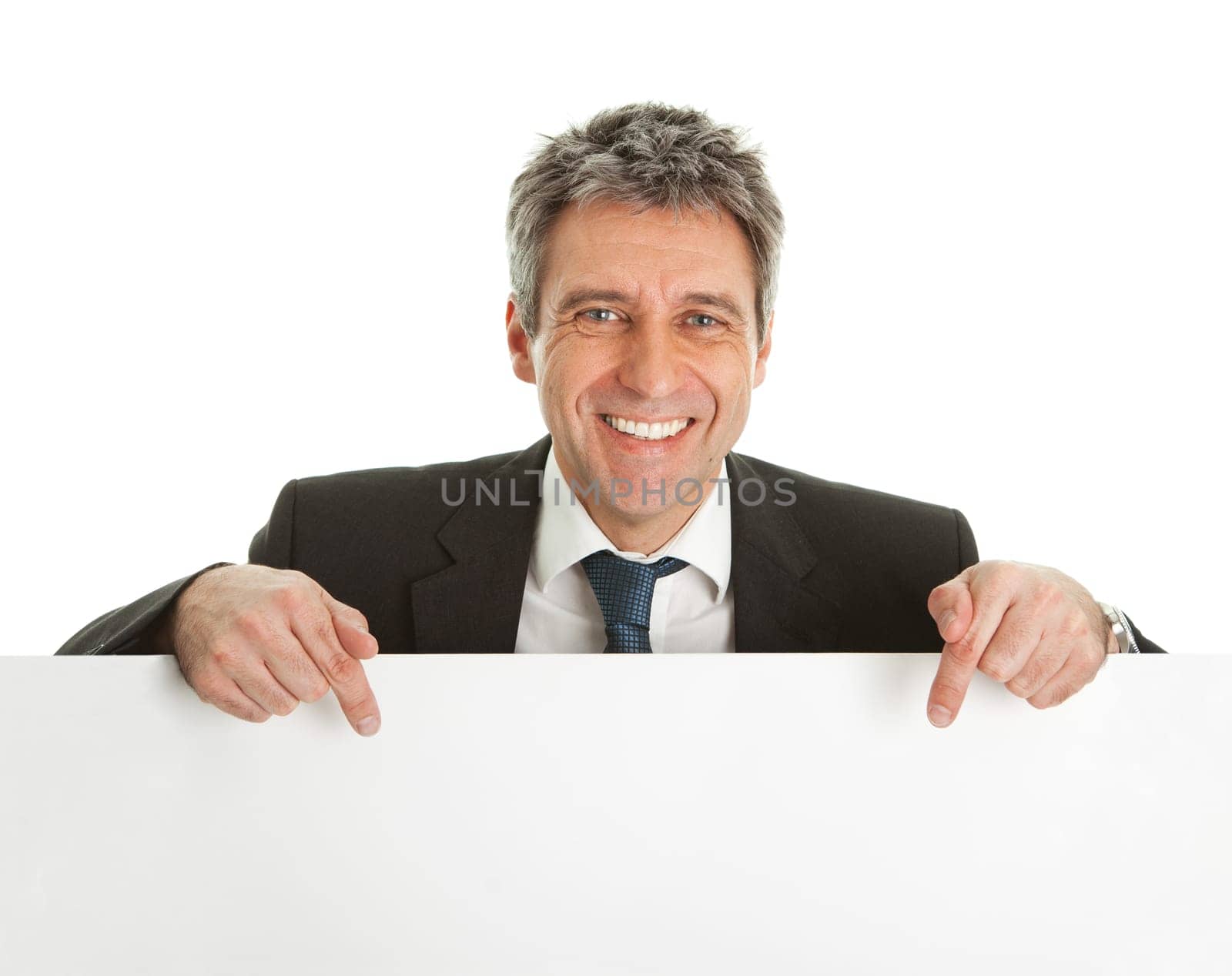 Confident businessmen presenting empty board. Isolated on white