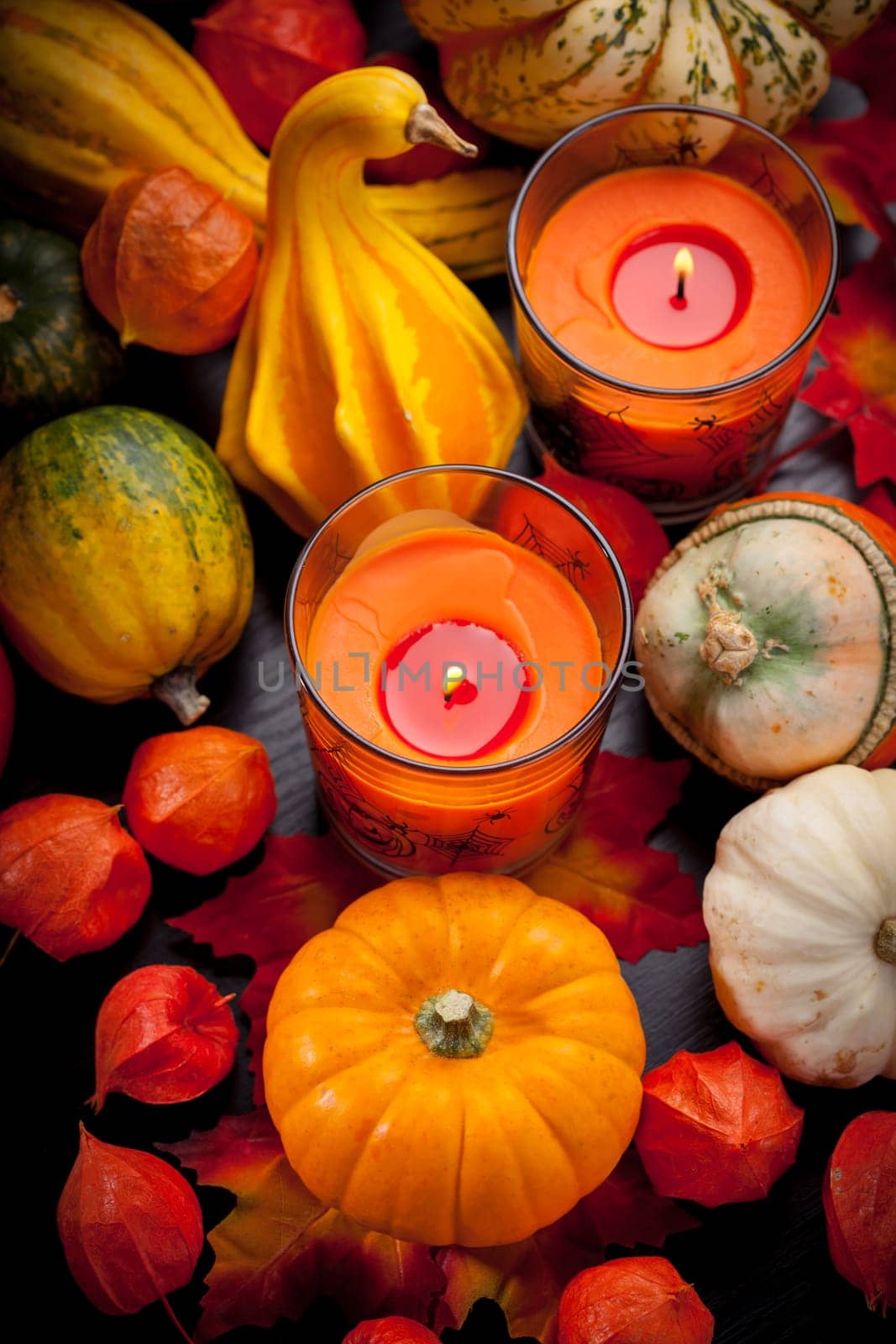 Happy Halloween - pumpkins and candles still life