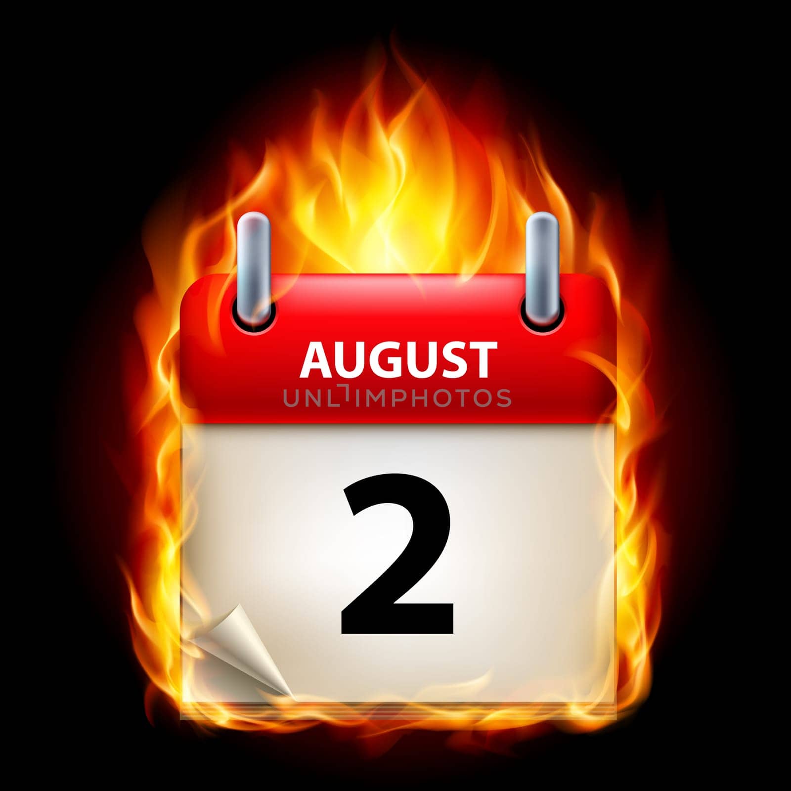 Second August in Calendar. Burning Icon on black background