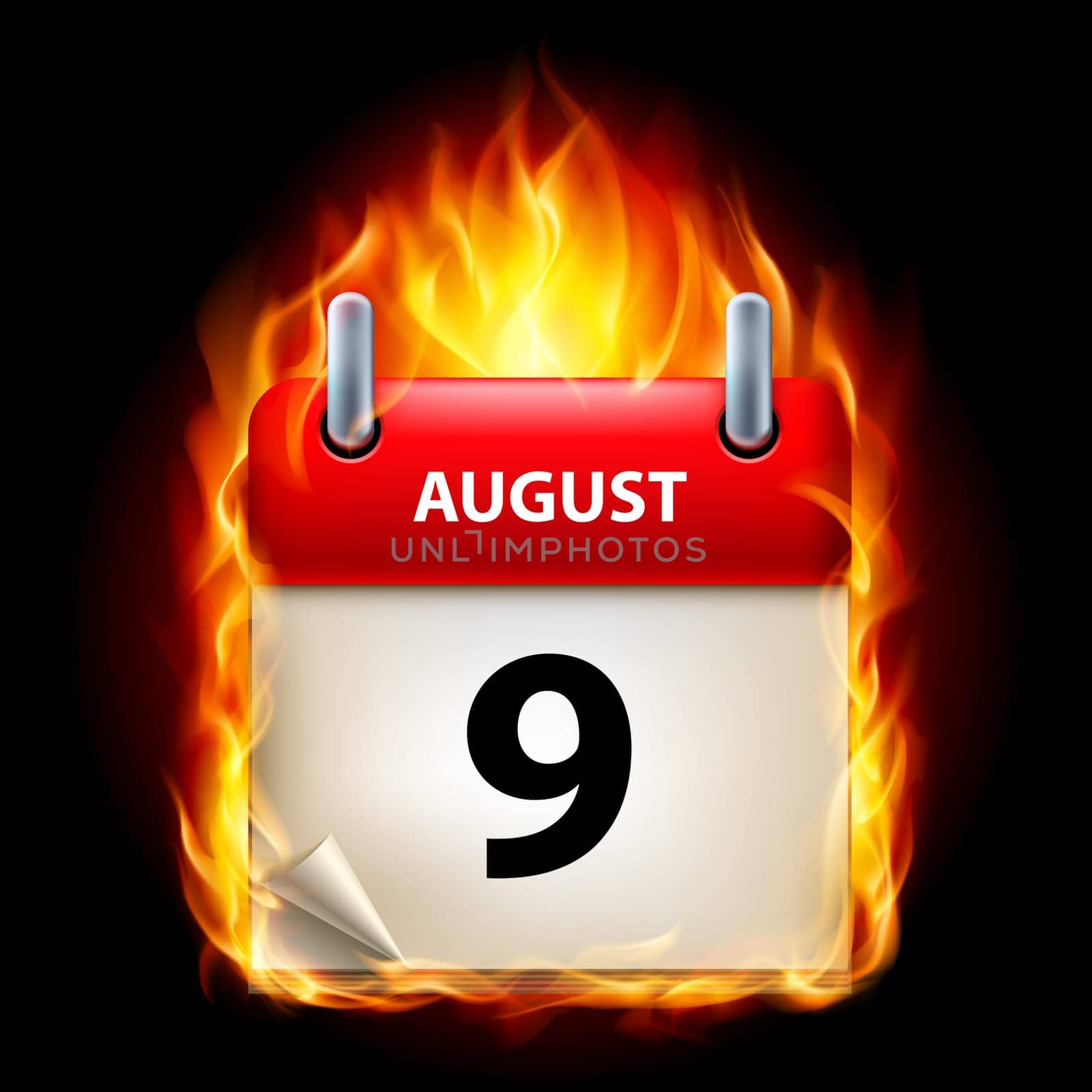 Ninth August in Calendar. Burning Icon on black background