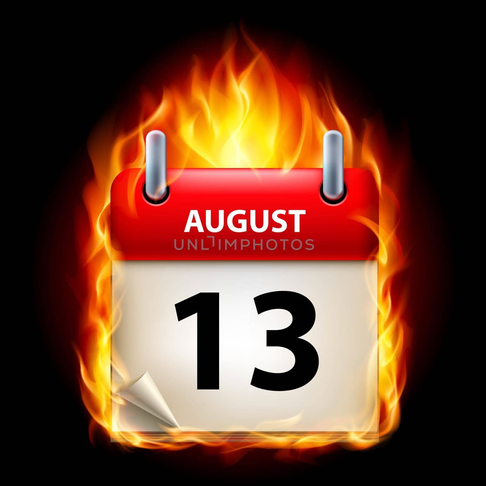 Thirteenth August in Calendar. Burning Icon on black background