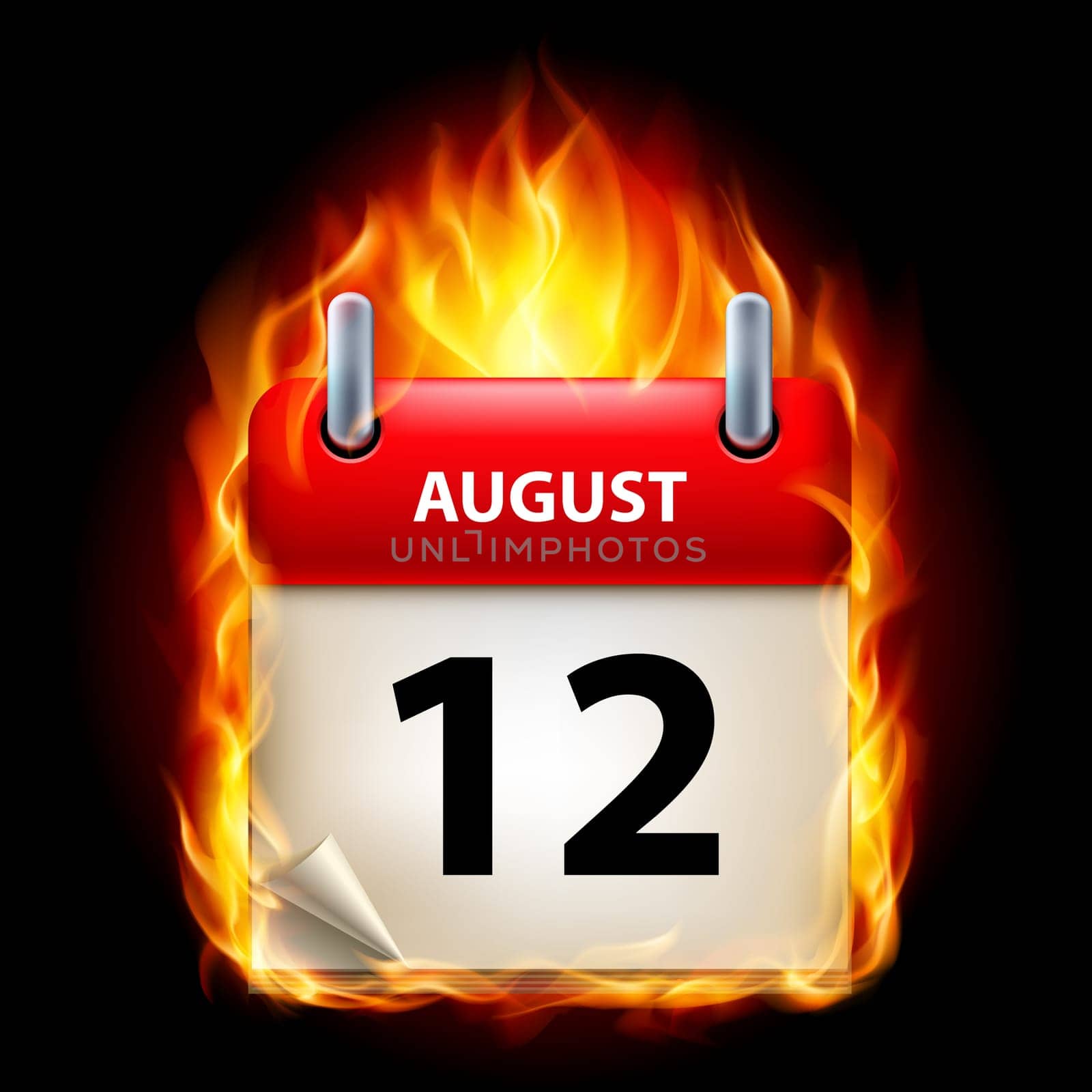 Twelfth August in Calendar. Burning Icon on black background