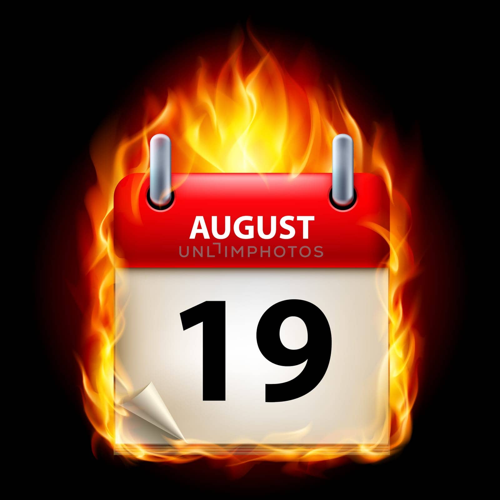 Nineteenth August in Calendar. Burning Icon on black background