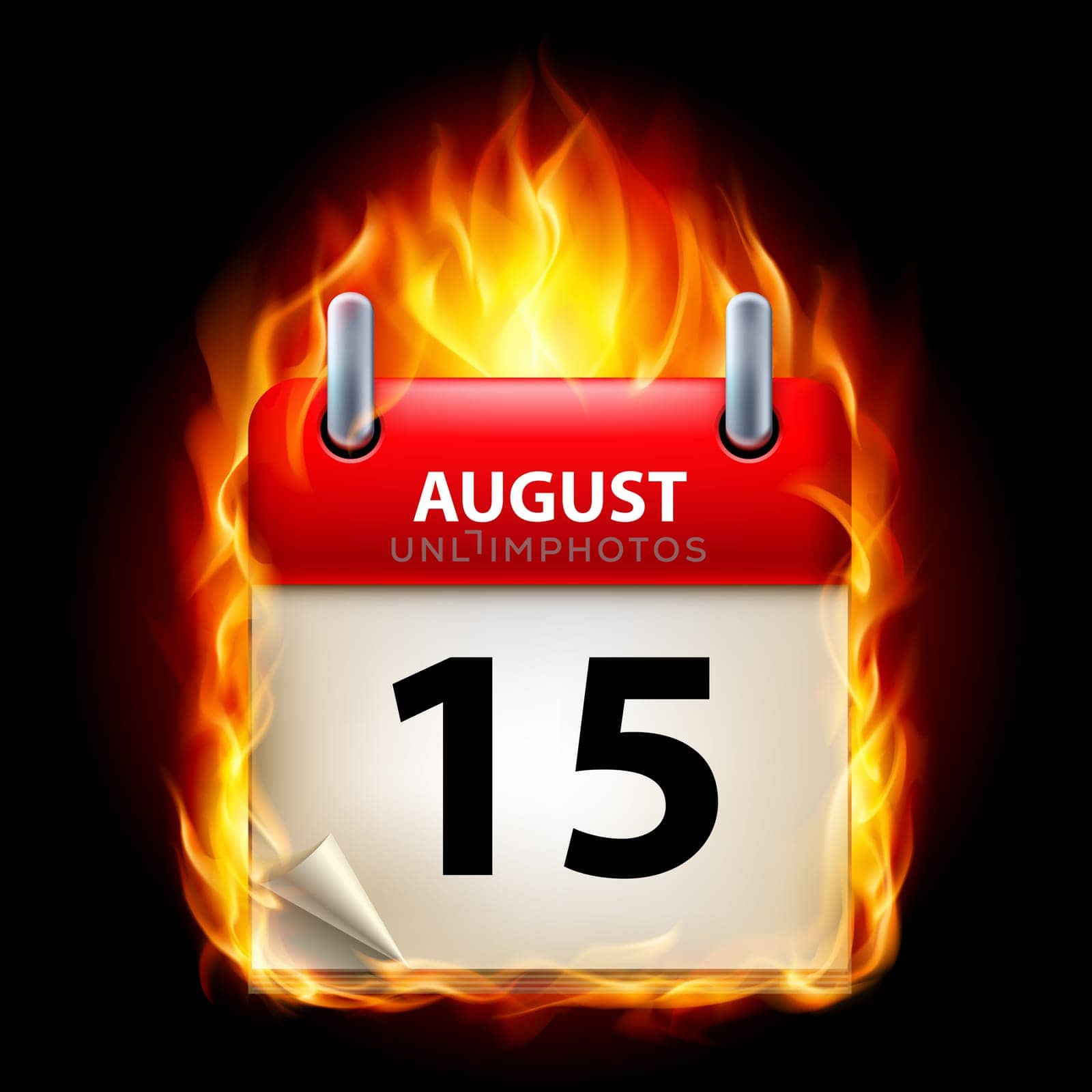 Fifteenth August in Calendar. Burning Icon on black background