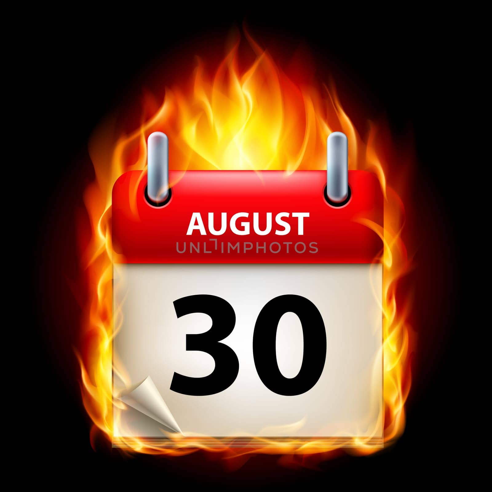 Thirtieth August in Calendar. Burning Icon on black background