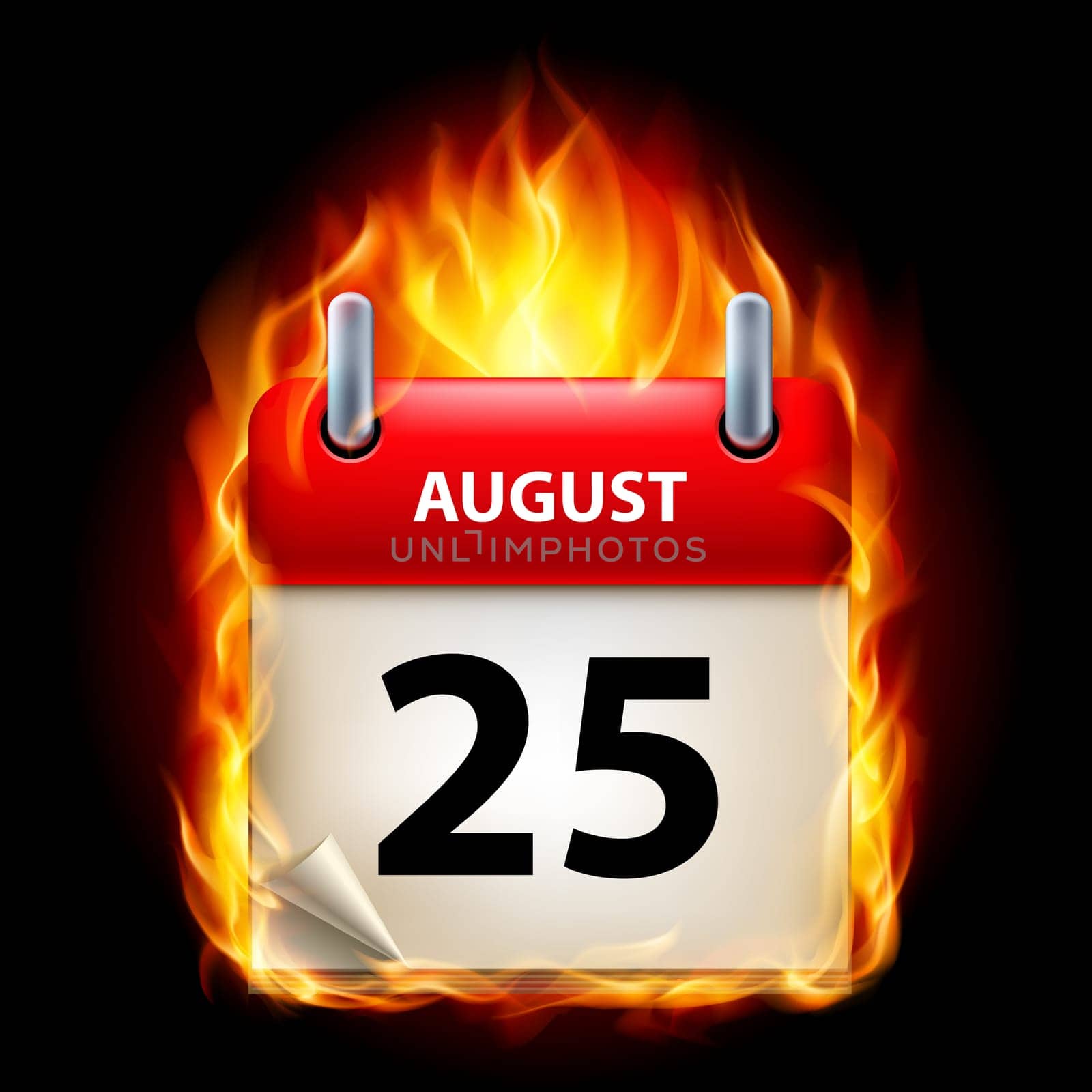 Twenty-fifth August in Calendar. Burning Icon on black background