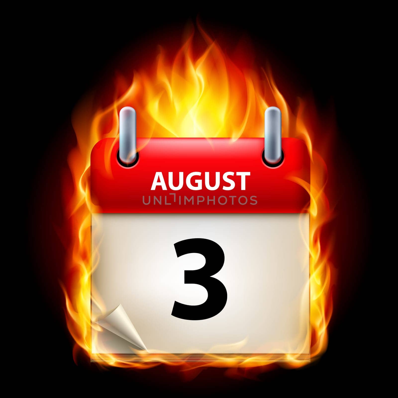 Third August in Calendar. Burning Icon on black background