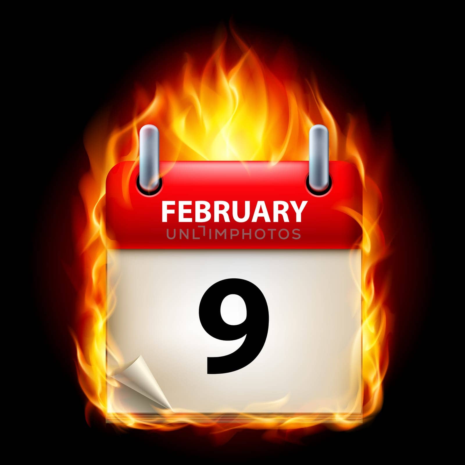 Ninth February in Calendar. Burning Icon on black background