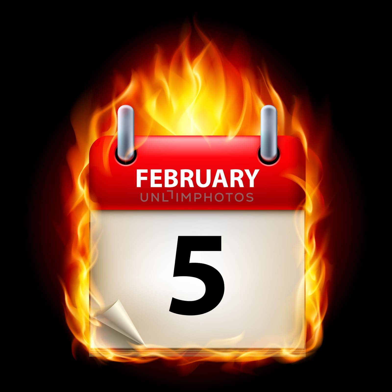 Fifth February in Calendar. Burning Icon on black background