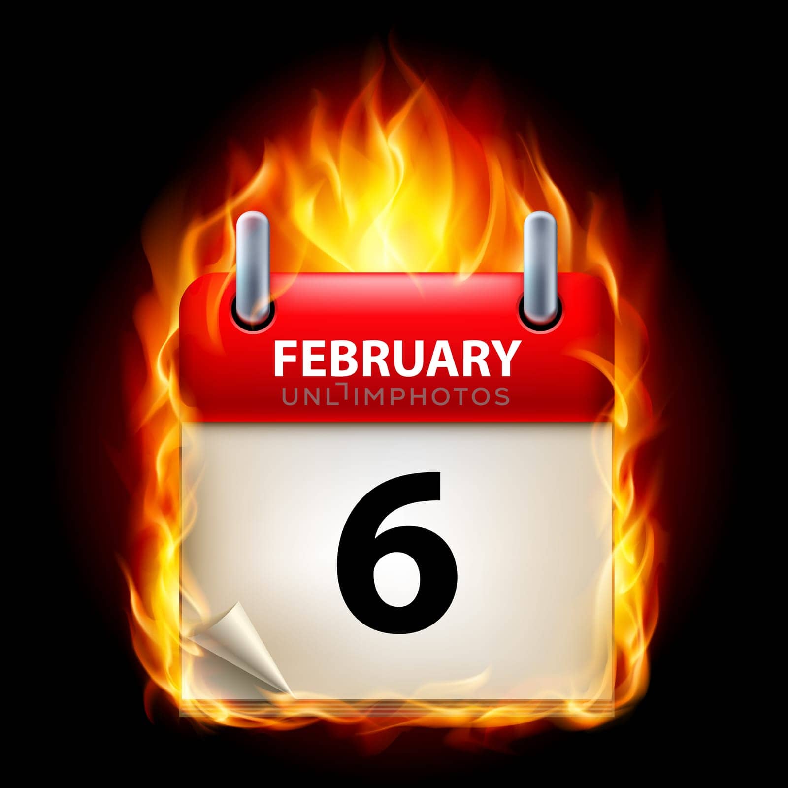 Sixth February in Calendar. Burning Icon on black background