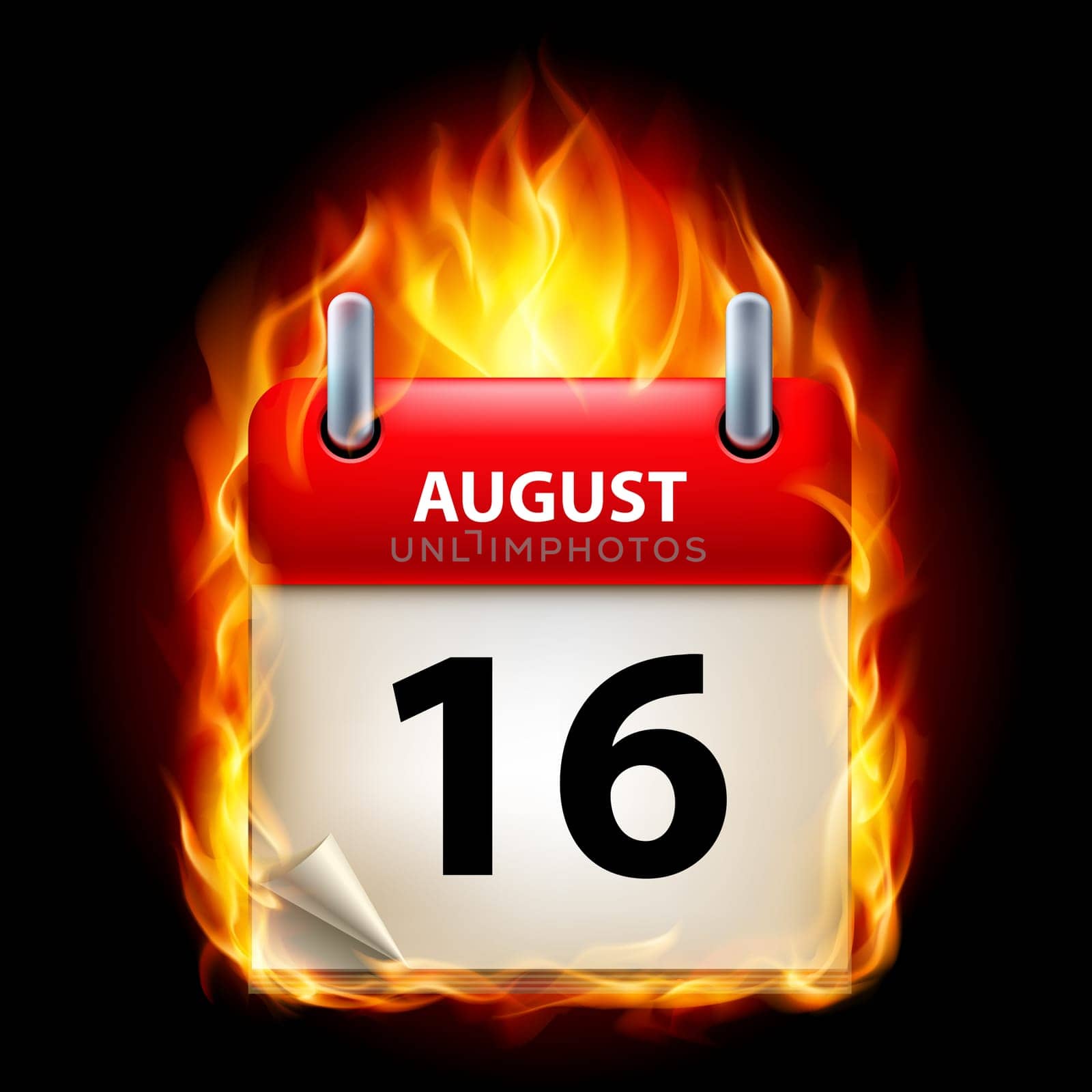 Sixteenth August in Calendar. Burning Icon on black background