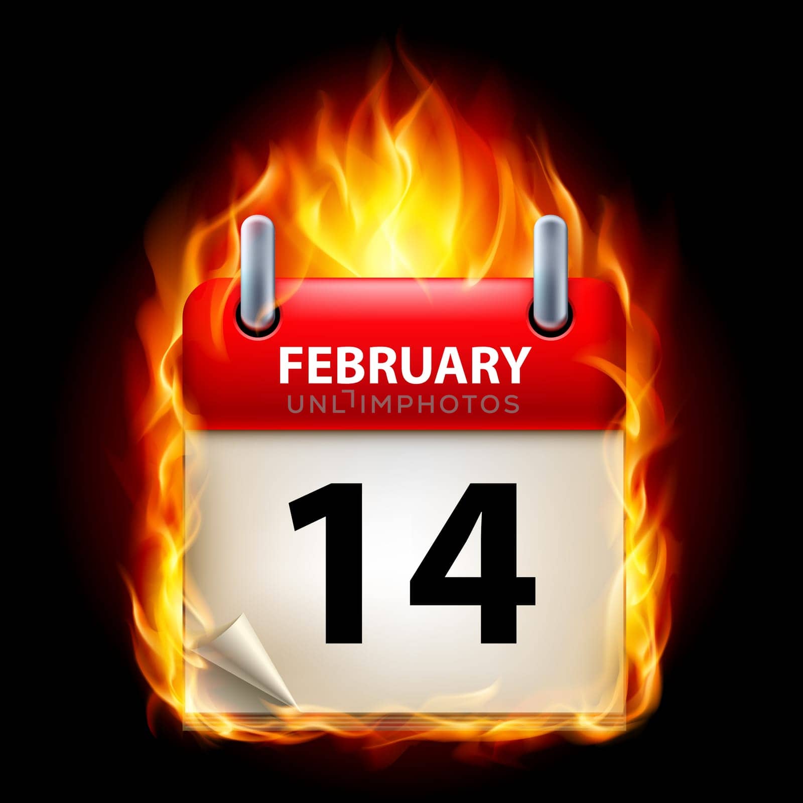 Fourteenth February in Calendar. Burning Icon on black background