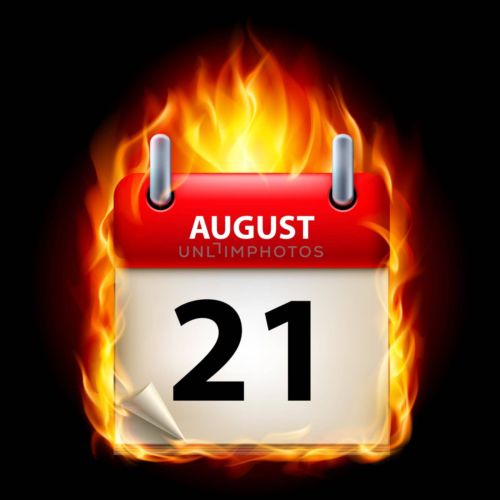 Twenty-first August in Calendar. Burning Icon on black background