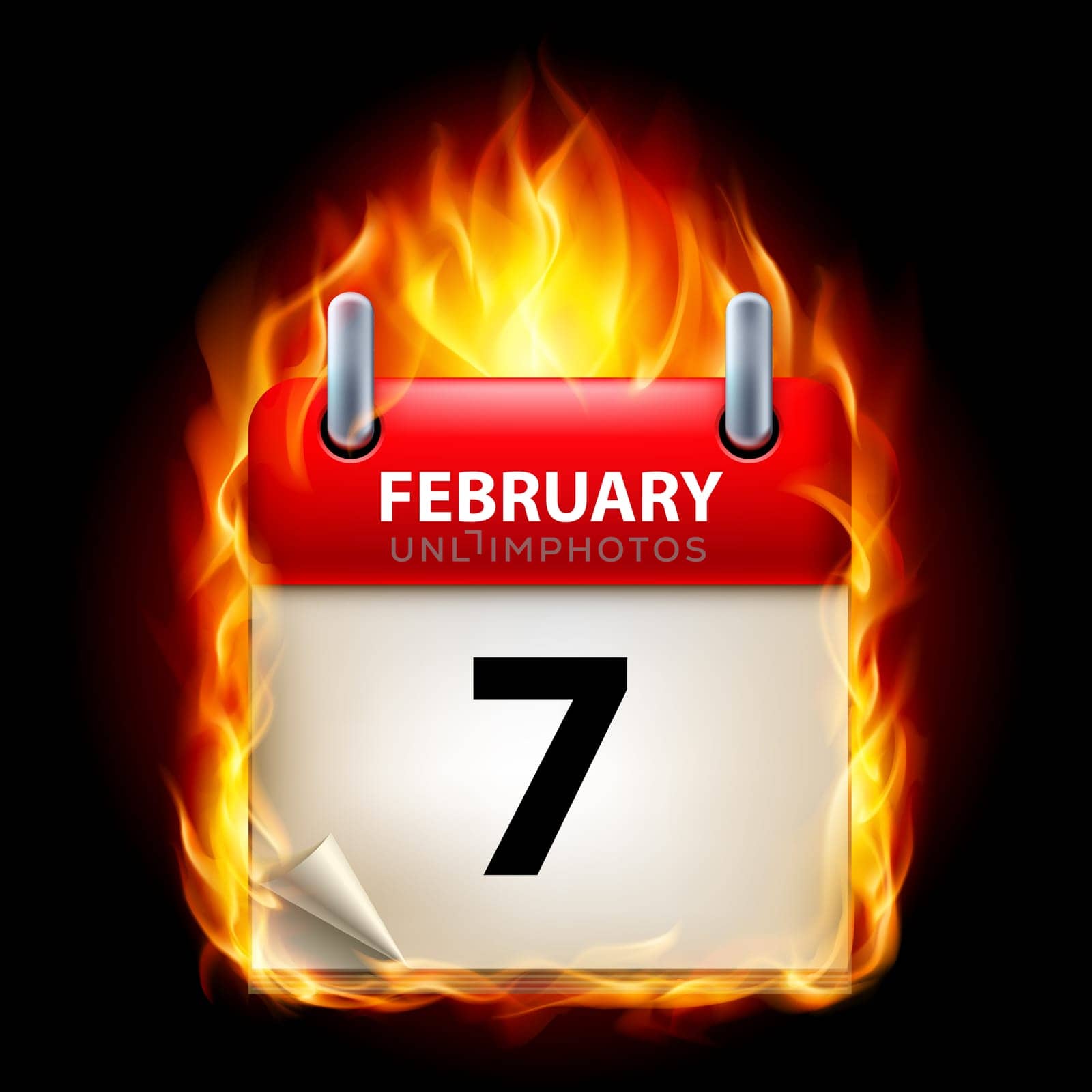 Seventh February in Calendar. Burning Icon on black background