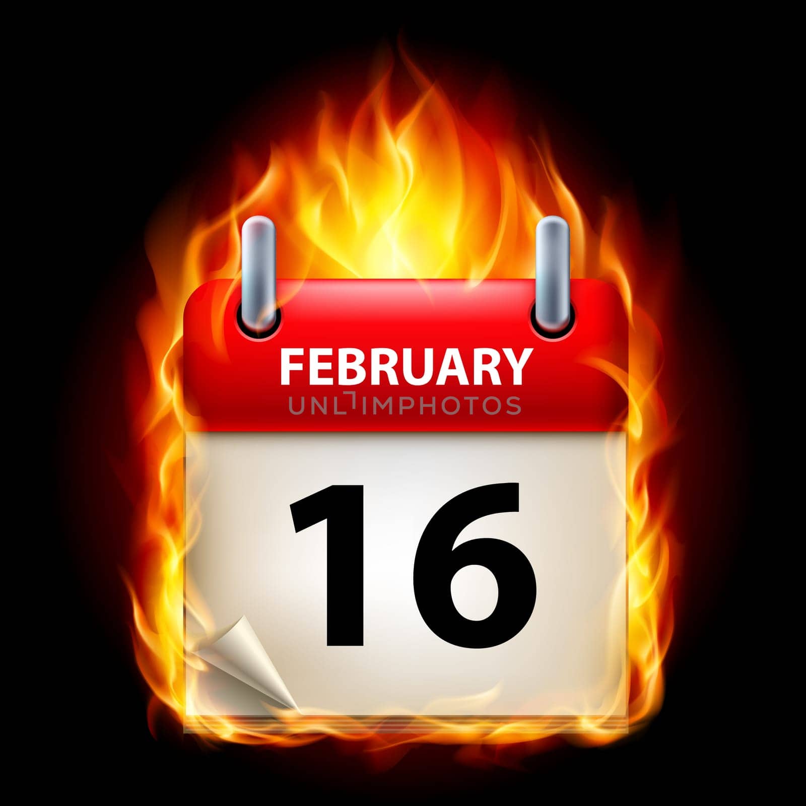 Sixteenth February in Calendar. Burning Icon on black background
